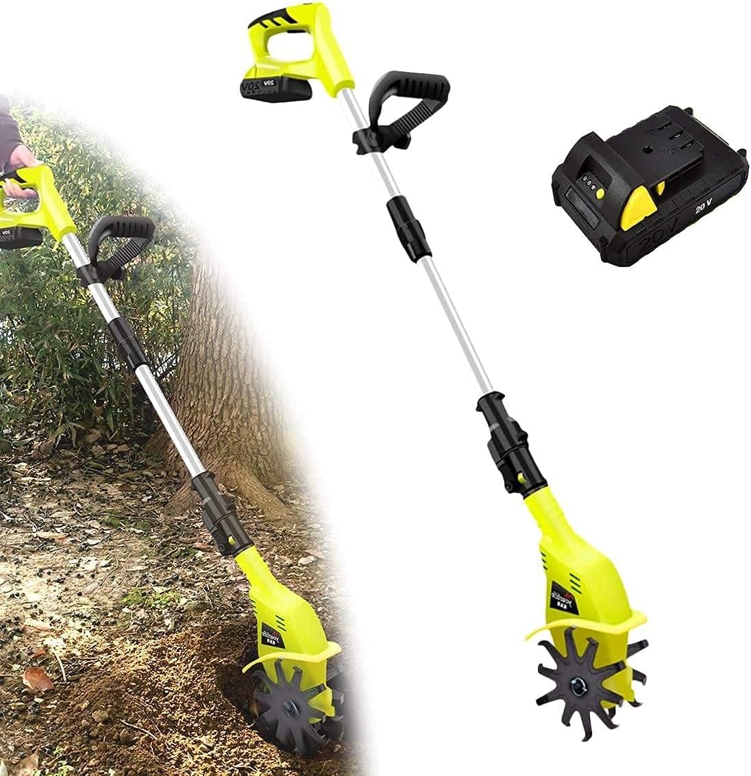 Motoazadas, Cultivadoras Eléctricas Inalámbricas, Ligeras, 60 min de trabajo, Motoazadas de jardín de 20 V, Poste retráctil de 97 cm-127 cm, Cultivador eléctrico con batería de litio de 4 Ah y carga