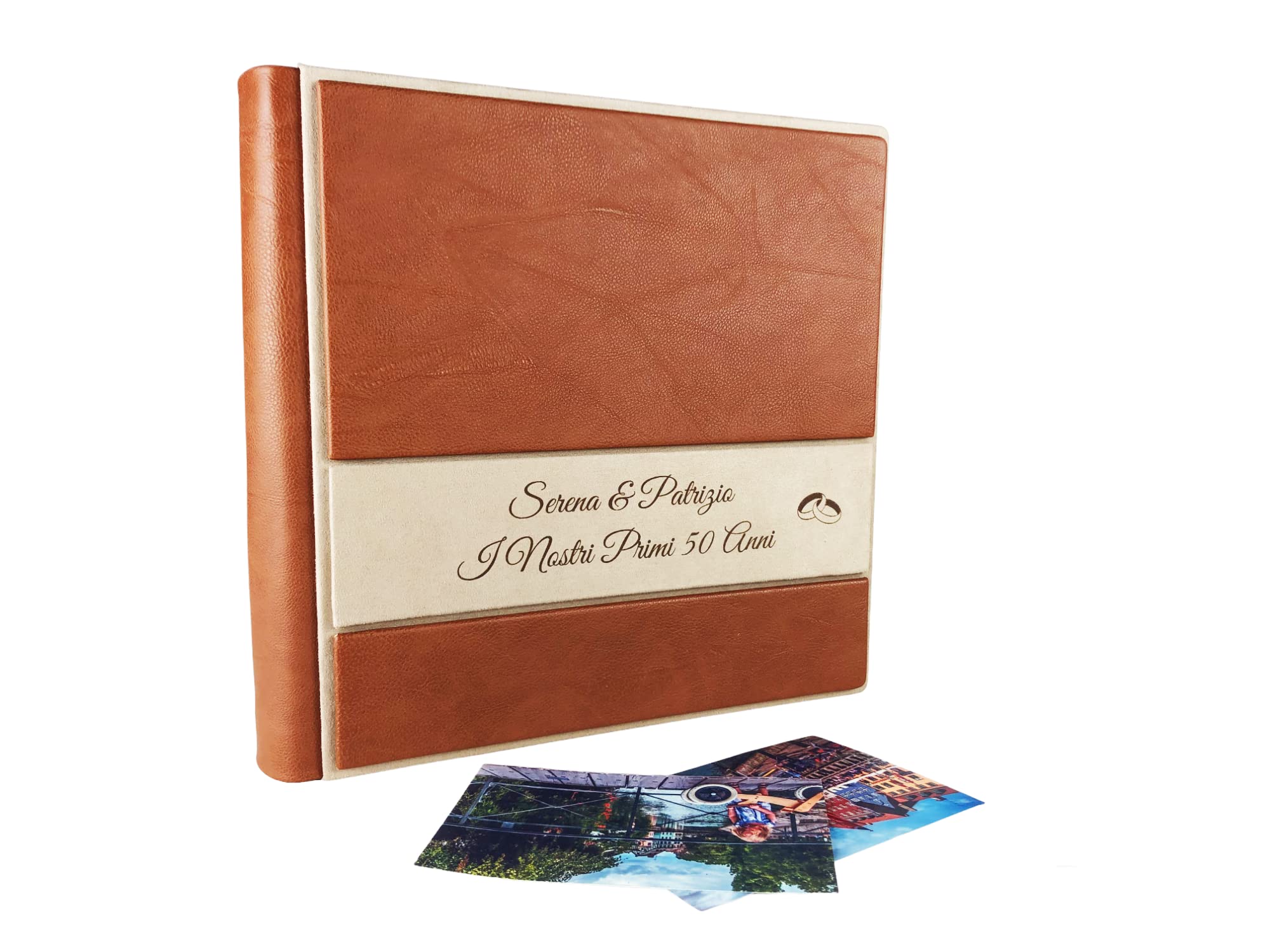 TriVin Art Album Fotografico Artigianale in Alcantara e Similpelle, Personalizzabile con Incisione. Ideale per Qualsiasi Evento. (Marrone Chiaro/Avorio)