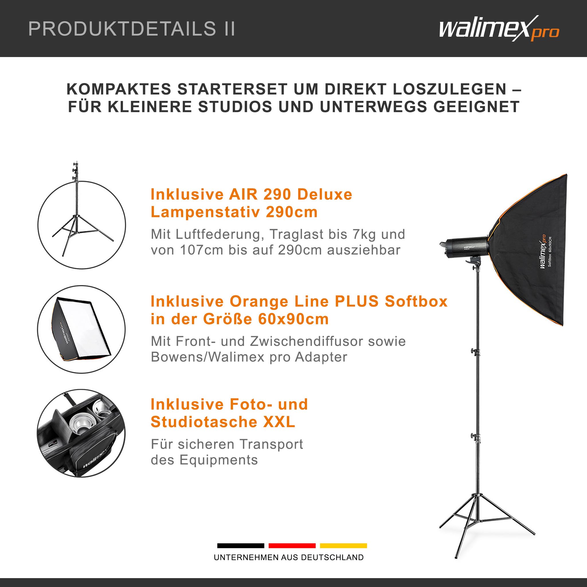 Walimex pro Stager 400 HSS set flash fotografico da studio, luce LED da 400 W per foto e video, con softbox stativo luci e accessori
