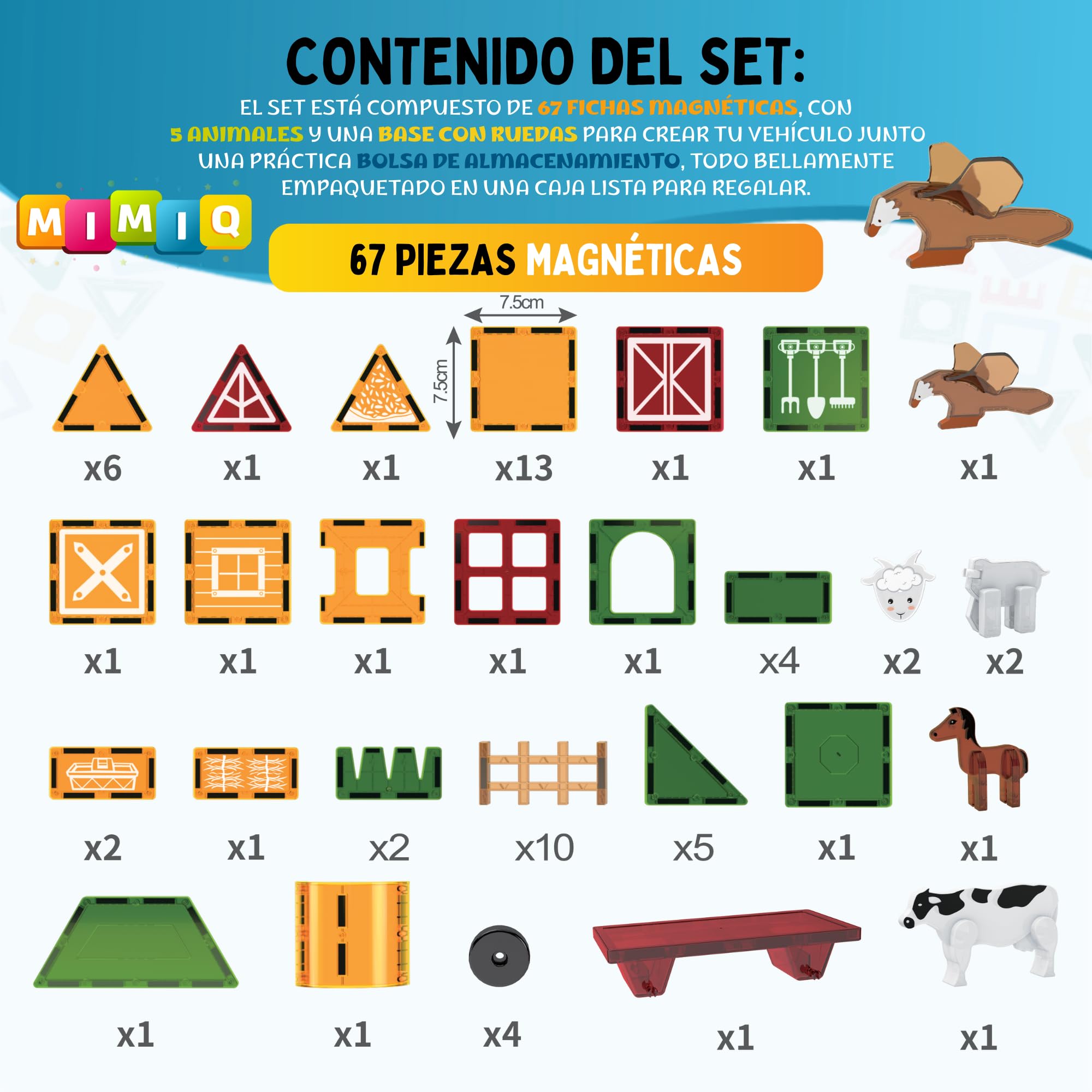 MIMIQ Bloques Magnéticos Granja Construcción Niños – 67 Piezas con 5 Animales y Camión Tractor – Juguete Montessori STEM Educativo, Regalo Niños y Niñas 3 4 5 6 7 Años