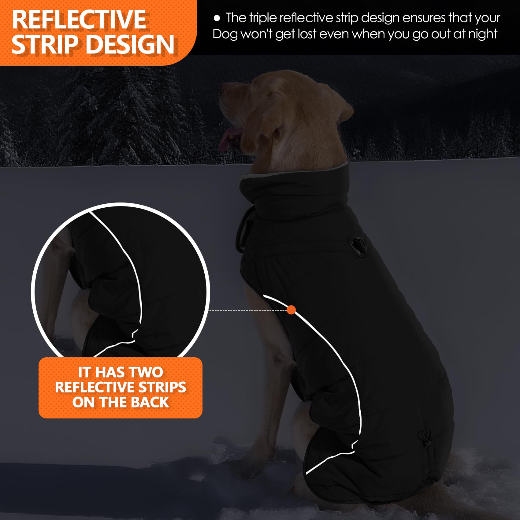 Cappottino invernale impermeabile per cani, foderato in pile, caldo, con strisce riflettenti, anello a D e gilet regolabile, per cani di piccola e grande taglia (nero, XL)