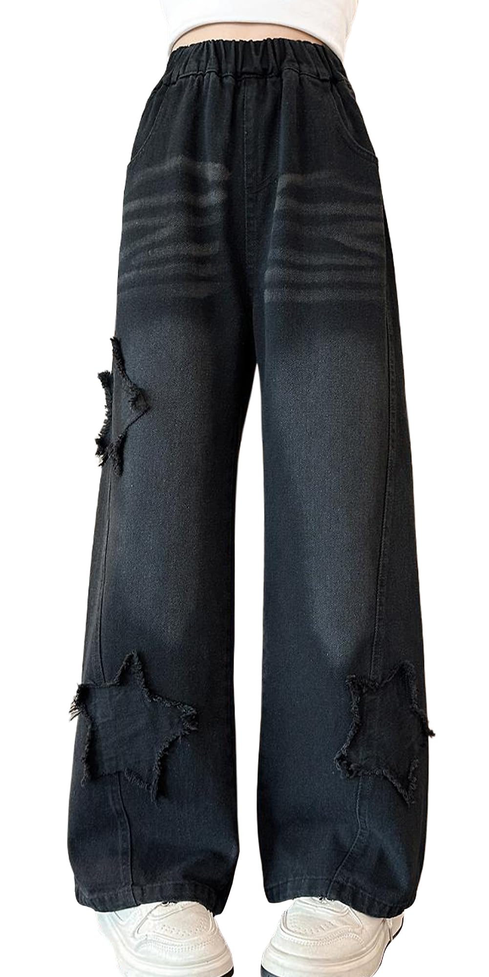 SEAUR Pantalones vaqueros para niña, pierna ancha, holgados, con cintura elástica Y2K, pantalones vaqueros con estampado de estrellas, para niños, 120-170 = (EU 110-164)