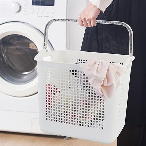 Miniatura 4 de Bringer Cestas de plástico para lavandería de 35 L con asa, paquete de 4 cestas sucias, color blanco