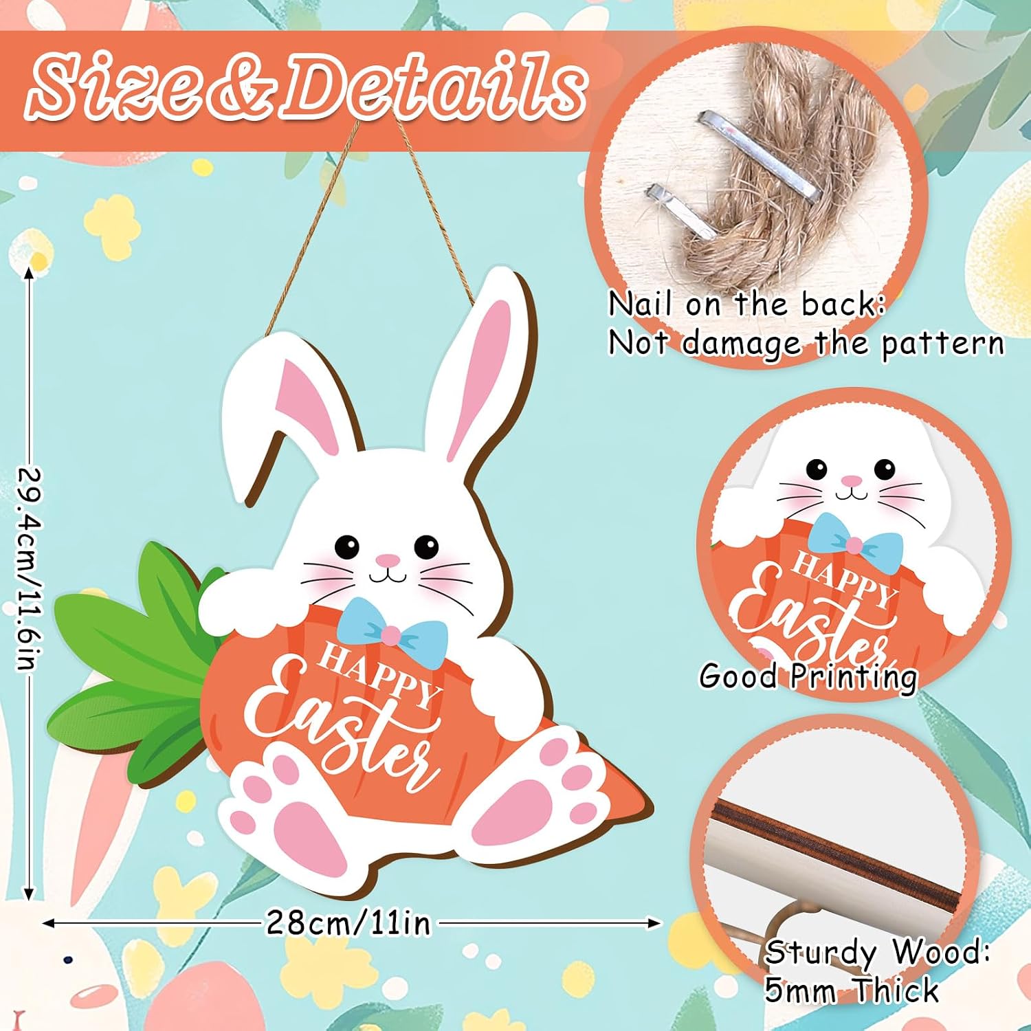 AnyDesign Easter Bunny Wooden Hanging Sign Happy Easter Welcome Wood Sign Rabbit Door Decor Signs for Spring Indoor Outdoor Porch Wall image 2