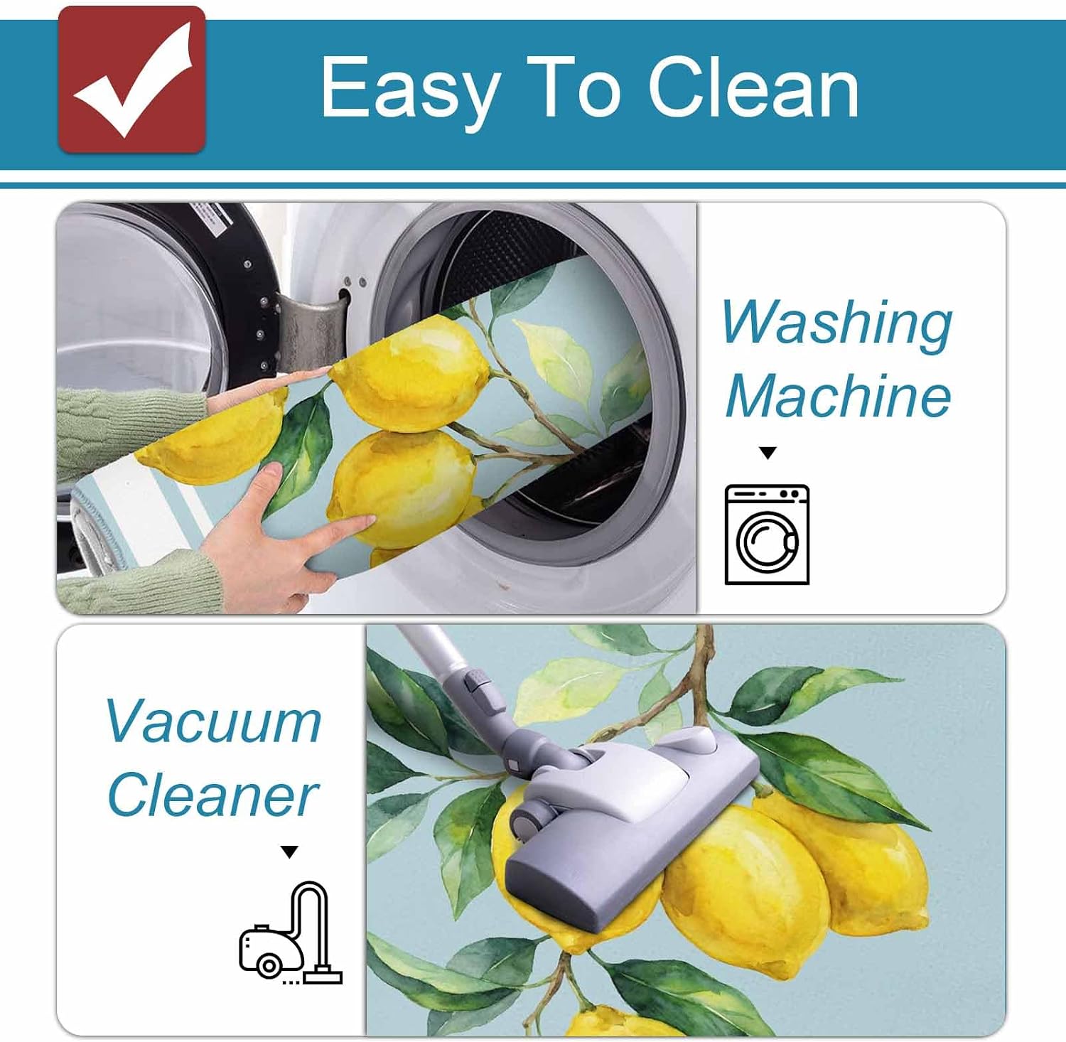 Summer Fruit Kitchen Mats Set of 2 Watercolor Yellow Lemon Green Leaves Blue Non Slip Mat Washable Floor Rug for Kitchen Sink Floor Laundry, 15.7"x23.6"+15.7"x47.2"