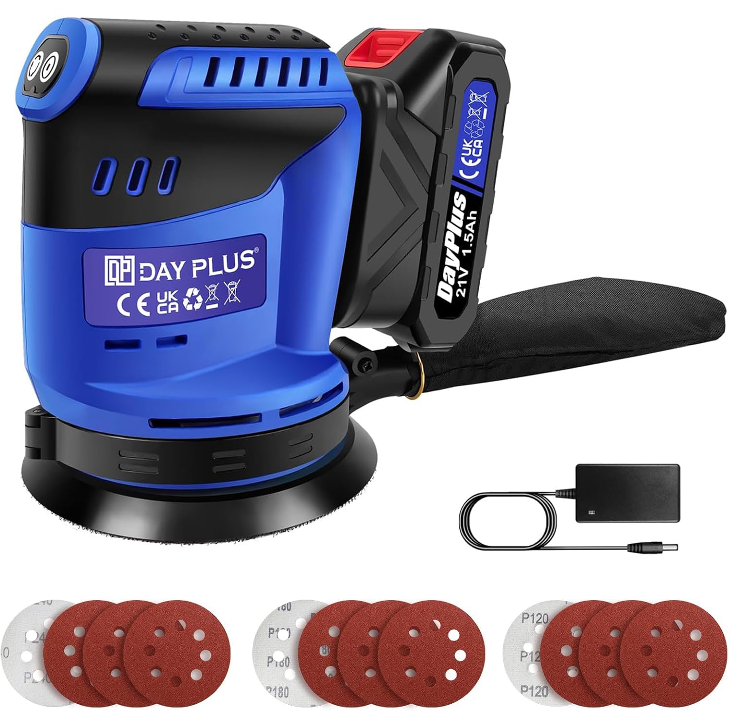 Lijadora orbital aleatoria inalámbrica con batería de 1.5 Ah y cargador rápido, 125 mm, 3 velocidades, 11000 rpm, 12 piezas de papel de lija mini lijadora orbital eléctrica con bolsa de polvo para