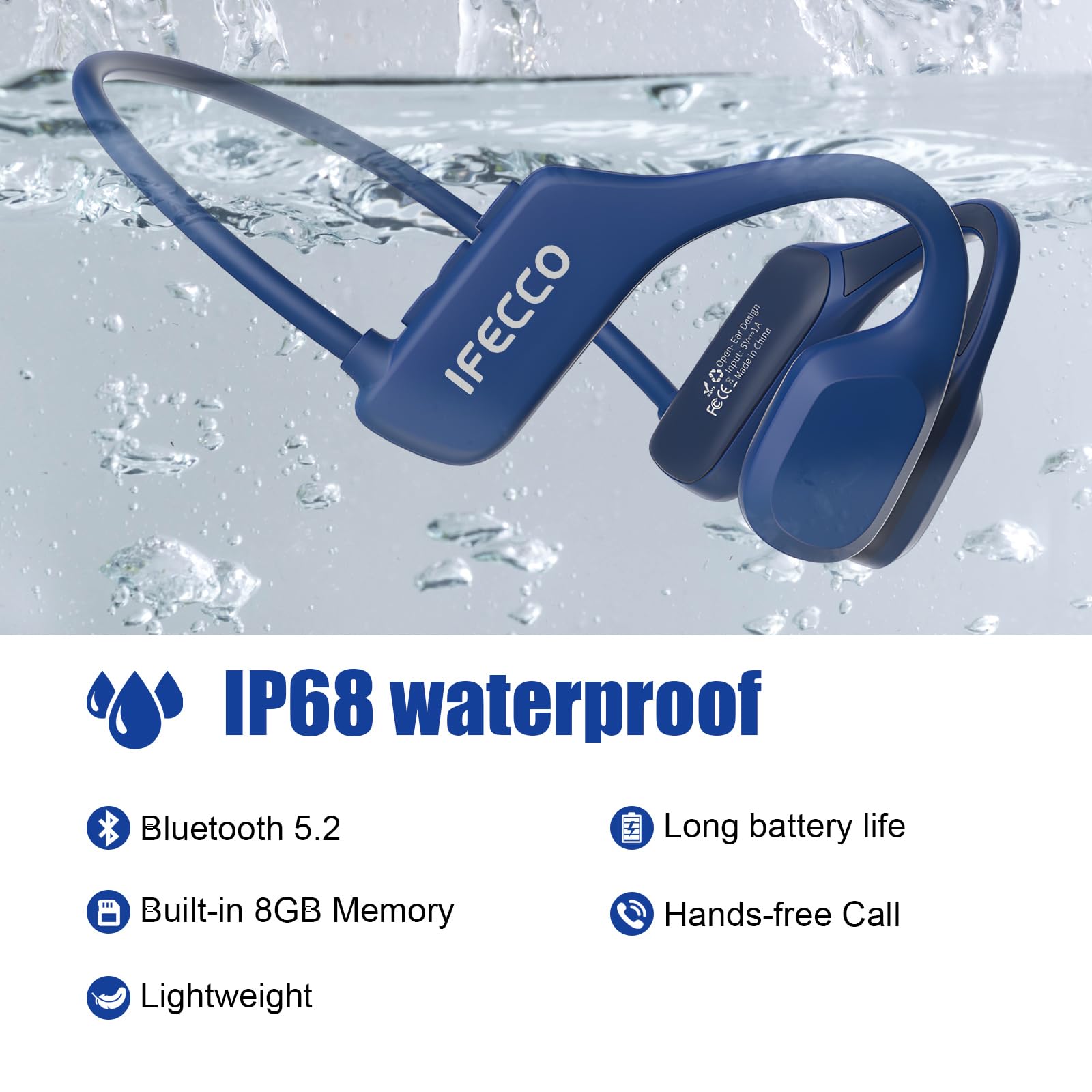 IFECCO Casque à Conduction Osseuse Bluetooth 5.2 - Casque de Natation Etanche sous l'eau,IP68 Etanche Écouteurs de Sport sans Fil avec 8Go MP3 pour Course à Pied,Natation,Cyclisme