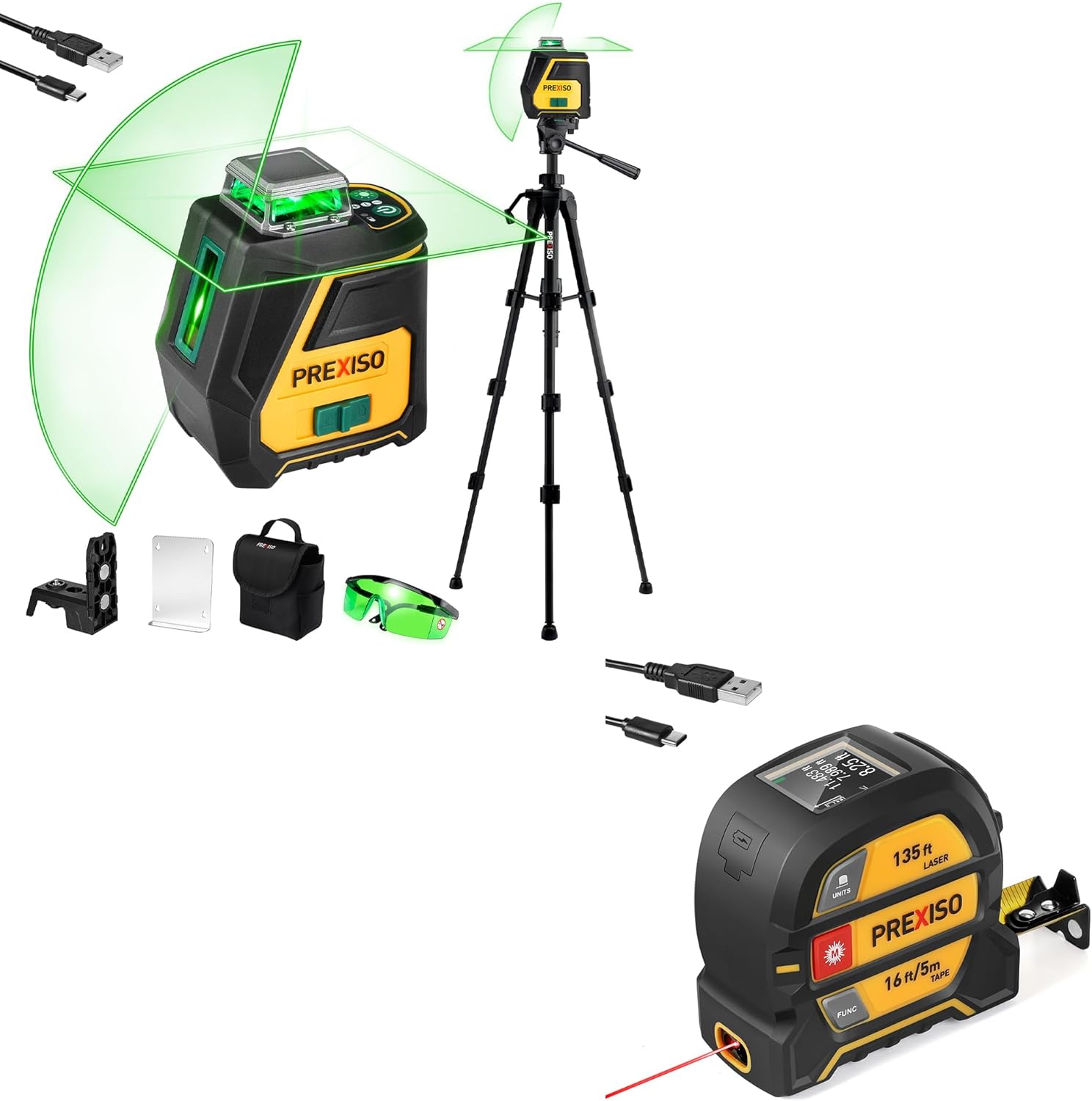 PREXISO 2-in-1 Digital 135Ft Rechargeable Laser Tape Measure & PREXISO 360 Laser Level with Tripod - IP54 Rechargeable Wide Angle