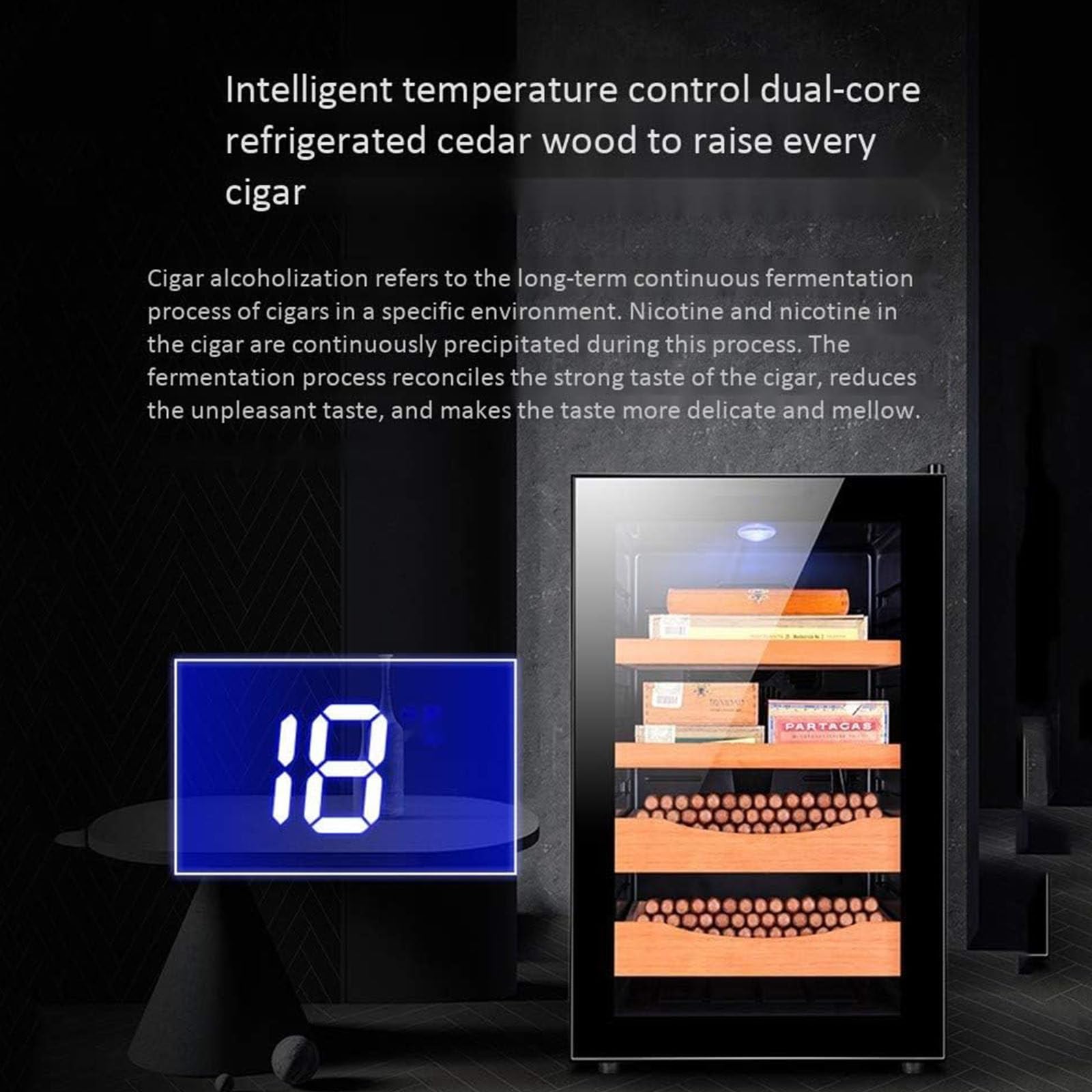 Humidor Chłodniczy 70L,Elektroniczny Humidor Z Chłodziarką Z Drewna Cedrowego Hiszpańskiego,Pojemność 400 Z Półkami/Tacą Z Drewna Cedrowego Hiszpańskiego Do Domu I Biura,Gold