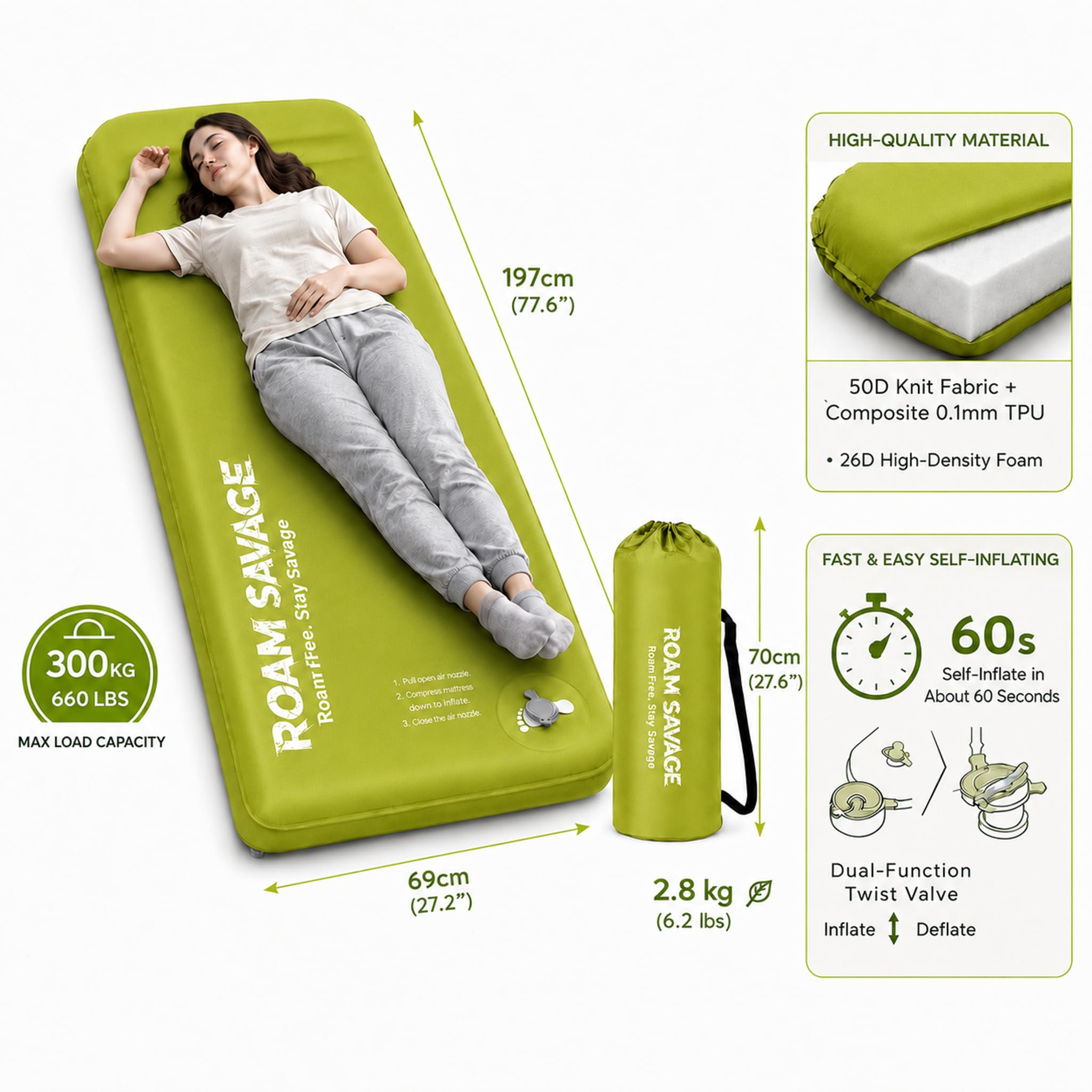 ROAM Savage Selbstaufblasende Camping-Isomatte, 7 cm Schlafmatte mit Kopfkissen, R-Wert 8,0 Isolierung, 50D TPU-Gewebe, koppelbare Luftmatratze für Camping, Wandern und Reisen