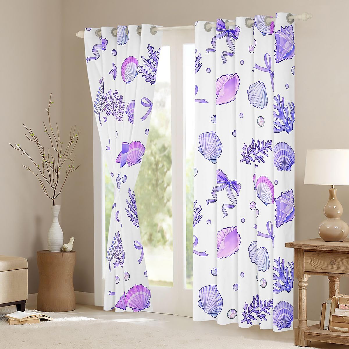 Homemissing Tende oscuranti viola con fiocco per camera da letto, soggiorno, stelle marine, conchiglie, tende oscuranti estive, costiere, spiaggia, oceano, 2 pannelli, 167,6 x 182,8 cm, decorazione