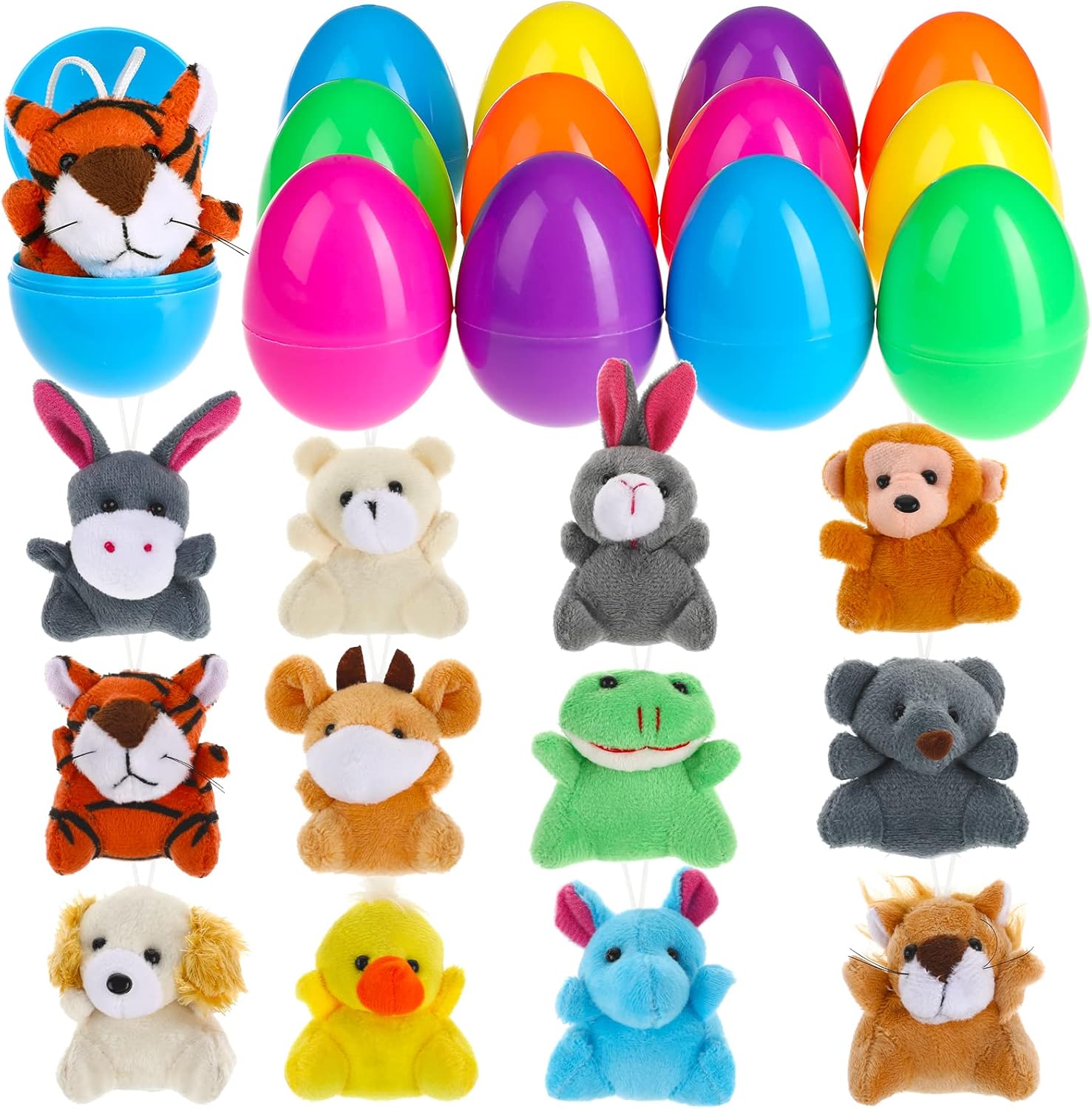 BILLMOSS Prefilled Easter Eggs with Mini Plush Toys, 12 Packs Easter Basket Stuffers Party Favors for Kids Easter Eggs Hunt (Pre-filled)