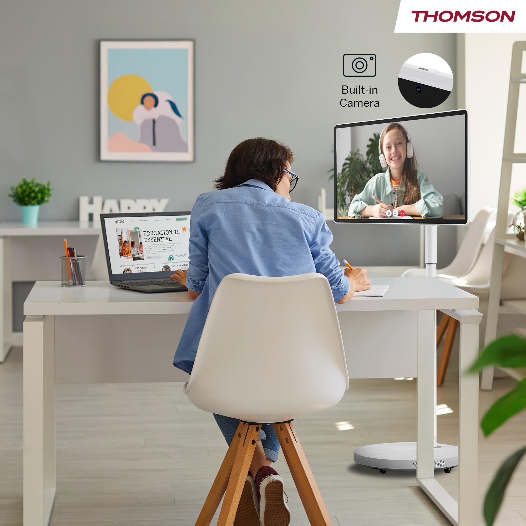 Thomson Go Plus Pro 27 Zoll (69 cm) 4K UHD Smart Touch Display, Android, Sprachsteuerung, Hotspot, 9000 mAh Akku, 5MP Kamera, Subwoofer, WiFi 6, Bluetooth, Tragbarer Ständer -27UE7M45- Weiß