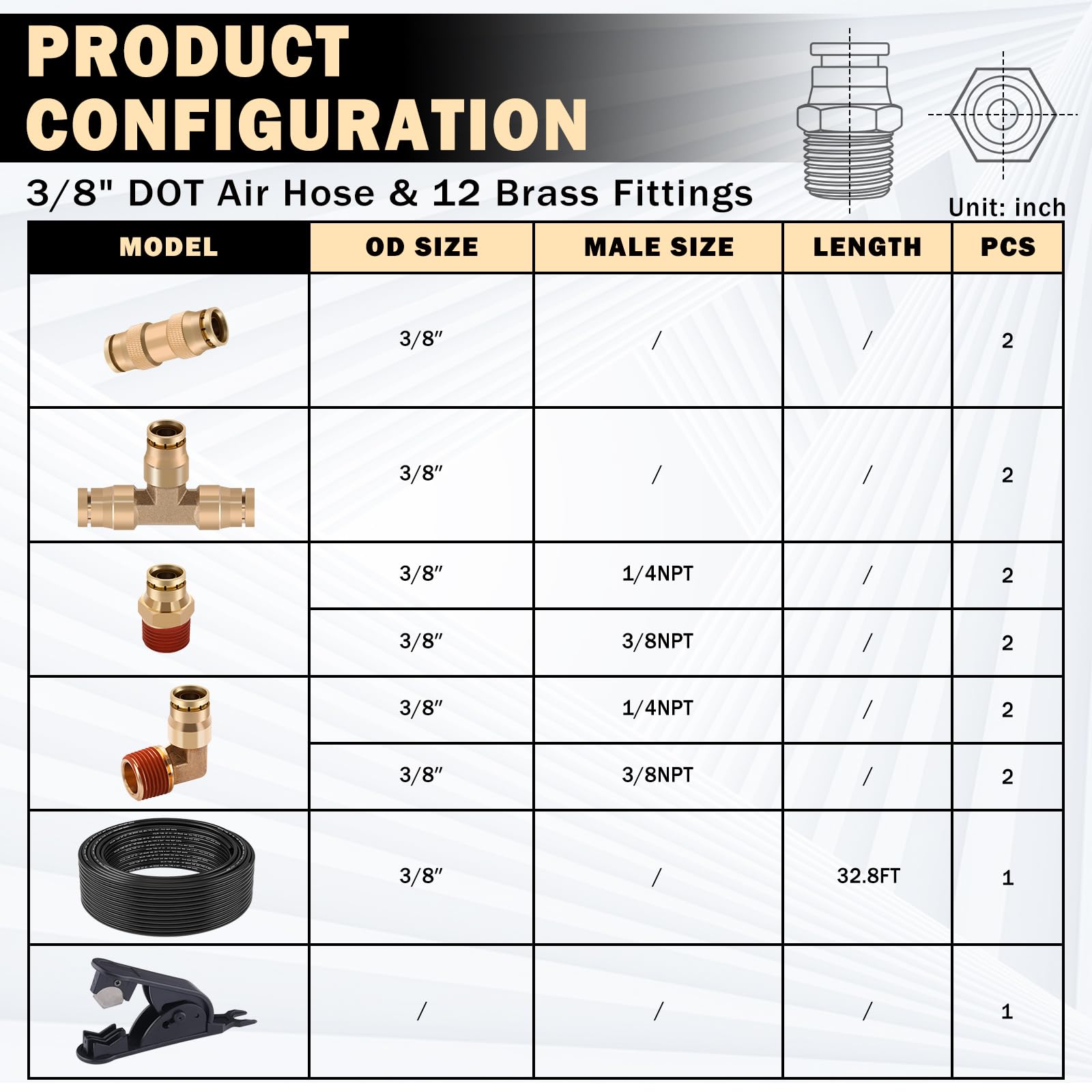 CheeMuii Accesorios de aire DOT de latón de 3/8 con kit de manguera de aire de 3/8 DOT de 3/8 pulgadas de conexión rápida DOT y línea de freno de aire PA12 de 3/8 pulgadas para remolque de
