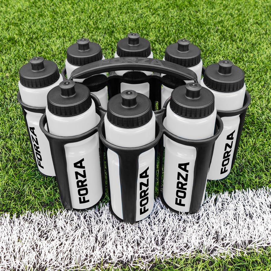 FORZA Water Bottles + Carrier Set [8x Bottles] | Hygeine [1L] or Sports Bottle [750ml] with Stackable Carrier for Football, Rugby, Training, Gym & Teams (Semi-Translucent, Sports Bottles)