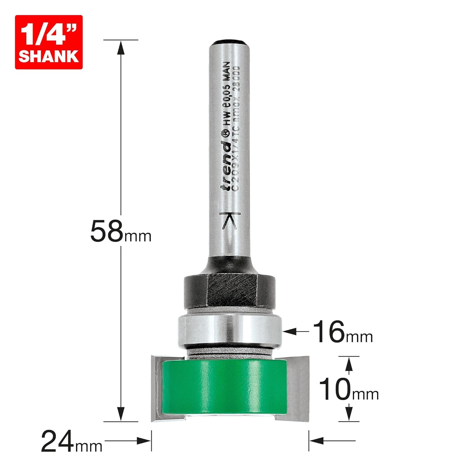 Trend C209X1/4TC Craft Pro 1/4" Shank Mounted Width Intrumescent Strip Bearing Guided Recessing Router Cutter Bit-C209X1/4TC X Diameter 10mm Cutting Length 24mm Tungsten Carbide Tipped, 10MM X 24MM