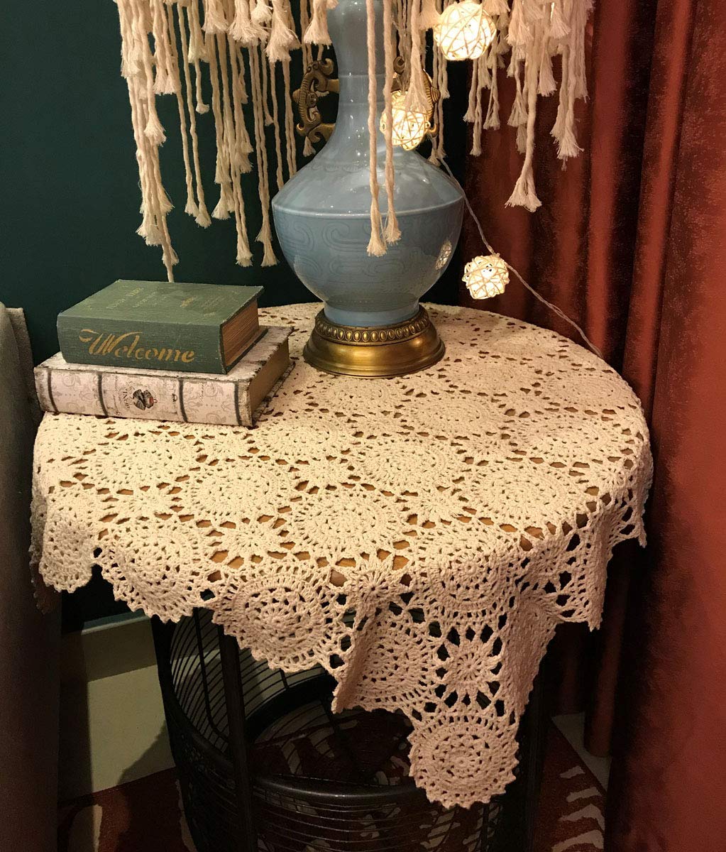 Janef Beige Handmade Crochet Cotton Table Cloth Lace Doilies Square Lace Tablecloths 27 Inches.