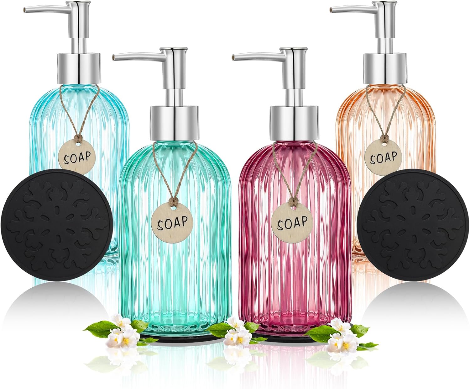 Hsei 4 Pcs 16 Oz Glass Soap Dispenser with Pump Vertical