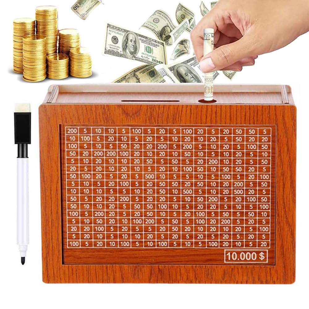 2025 New Cash Vault Wooden Savings Box, 10000 Savings Challenge Box, Wooden Cash Saver Money Box, Wooden Money Saving Challenge Box Cash Saving Box