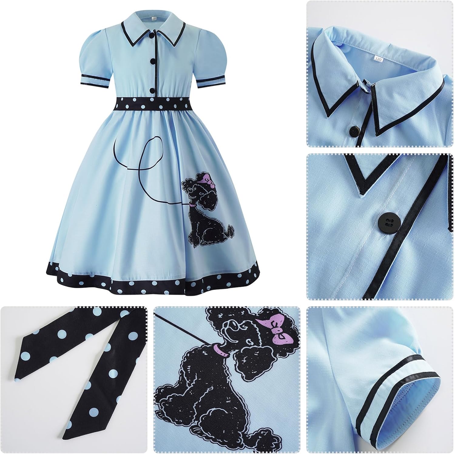 ODIZLI Kids Girls 1950s Retro Dress Short Puff Sleeve Poodle Print Ruffle Belted Dress Cocktail Rockabilly Dresses