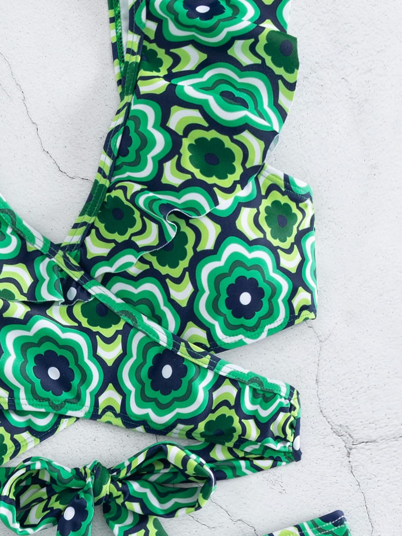 Damski kwiatowy nadruk falbany wykończenie wycięcie krzyż bikini strój kąpielowy dwuczęściowy strój kąpielowy zielony L