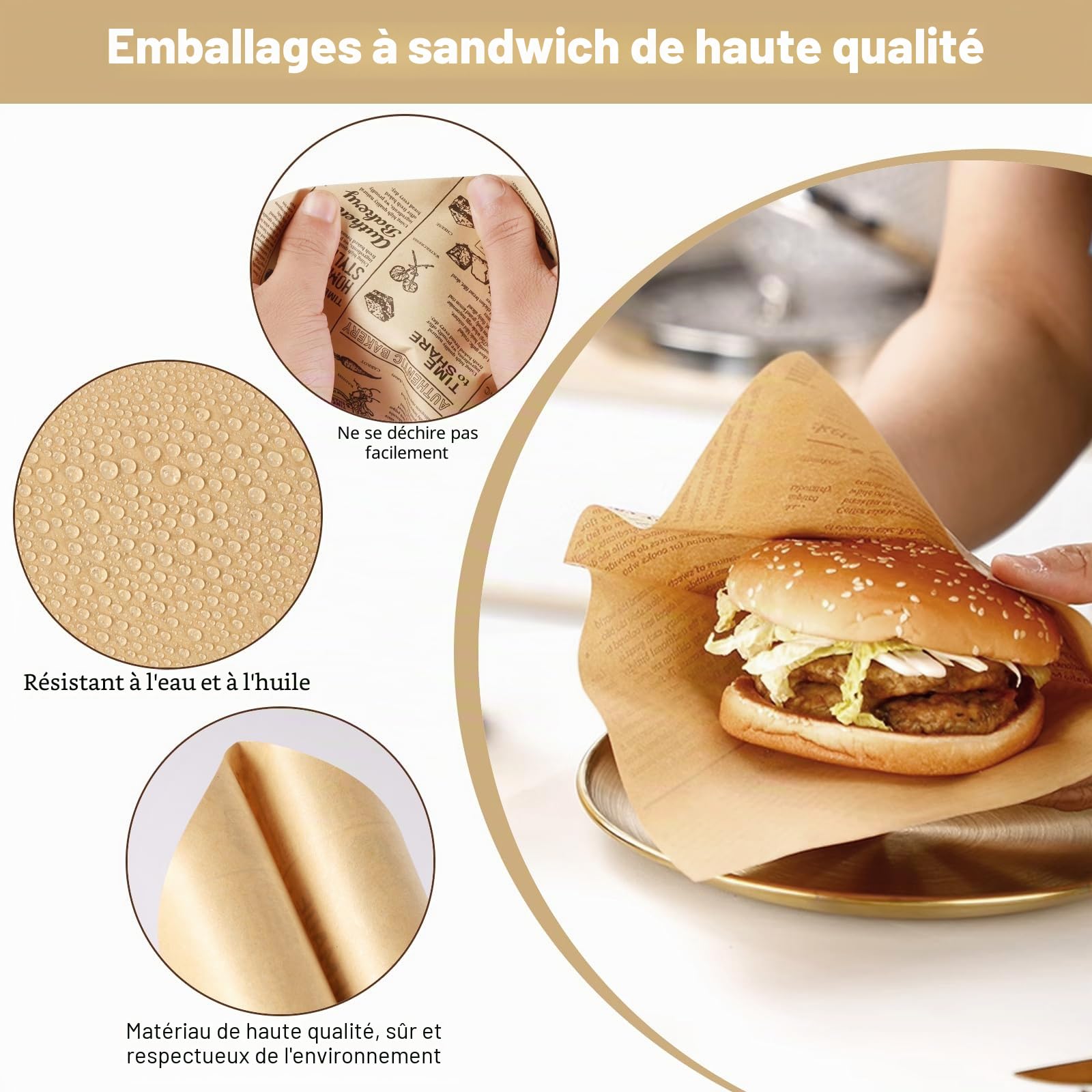 Papier Emballage Alimentaire 15 x 15 cm 150 PCS pour Sandwich Burger Frites