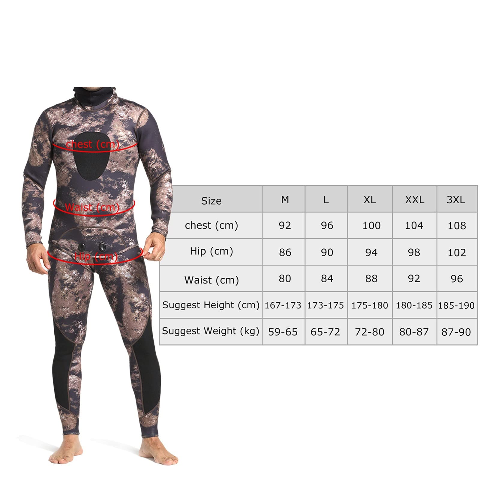 Muta umida da uomo, 2 pezzi, 3 mm, in neoprene, con cappuccio, a maniche lunghe, per immersioni, snorkeling, pesca subacquea, surf, tuta da bagno (C, XXL)