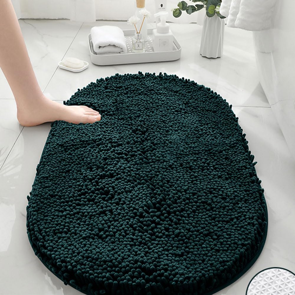 Mateju Chenille Badezimmerteppich Oval Weich Badteppich rutschfest Badematte Badvorleger Saugfähige Maschinenwaschbare für Dusche Badewanne Toilette (40x60CM,Dunkelgrün) Küche, Haushalt & Wohnen