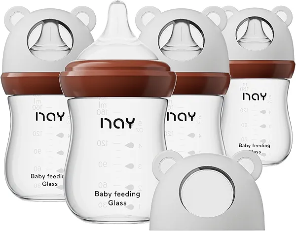 yanyoyo Natural Glass Baby Bottle for Breastfeeding Babies, 5.4oz Anti-Colic Baby Bottle with Natural Response Nipple(S), Clear, Wide Neck, 4 Pack, 1 Months+
