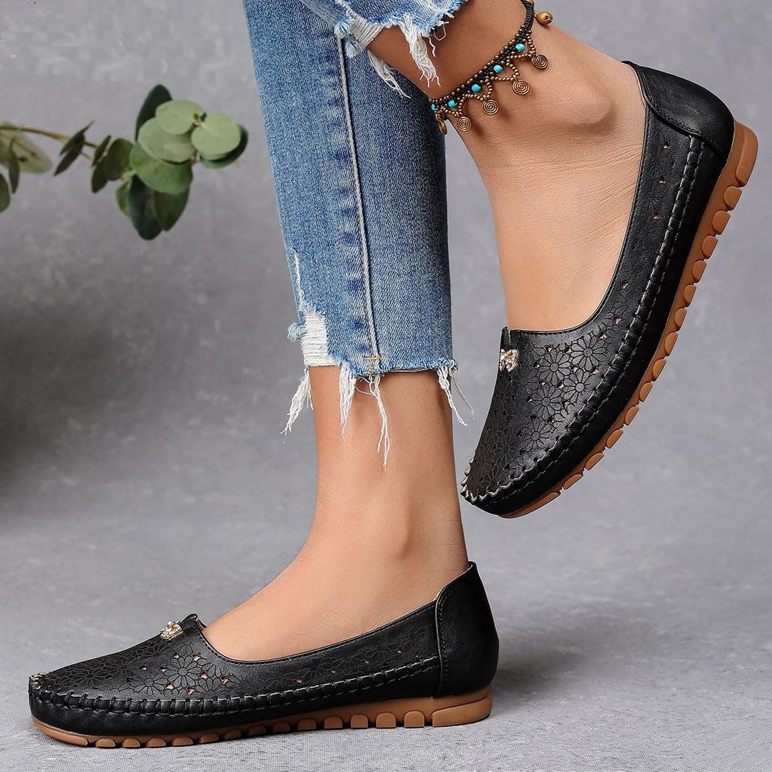 Stilvolle und leichte orthopädische Schuhe, florale Aushöhlung Fahrschuhe | Orthopädische Damen-Slipper aus atmungsaktivem Leder, Slip-On-Strass-Schleife, Wanderschuhe für Business, Freizeit, elegant