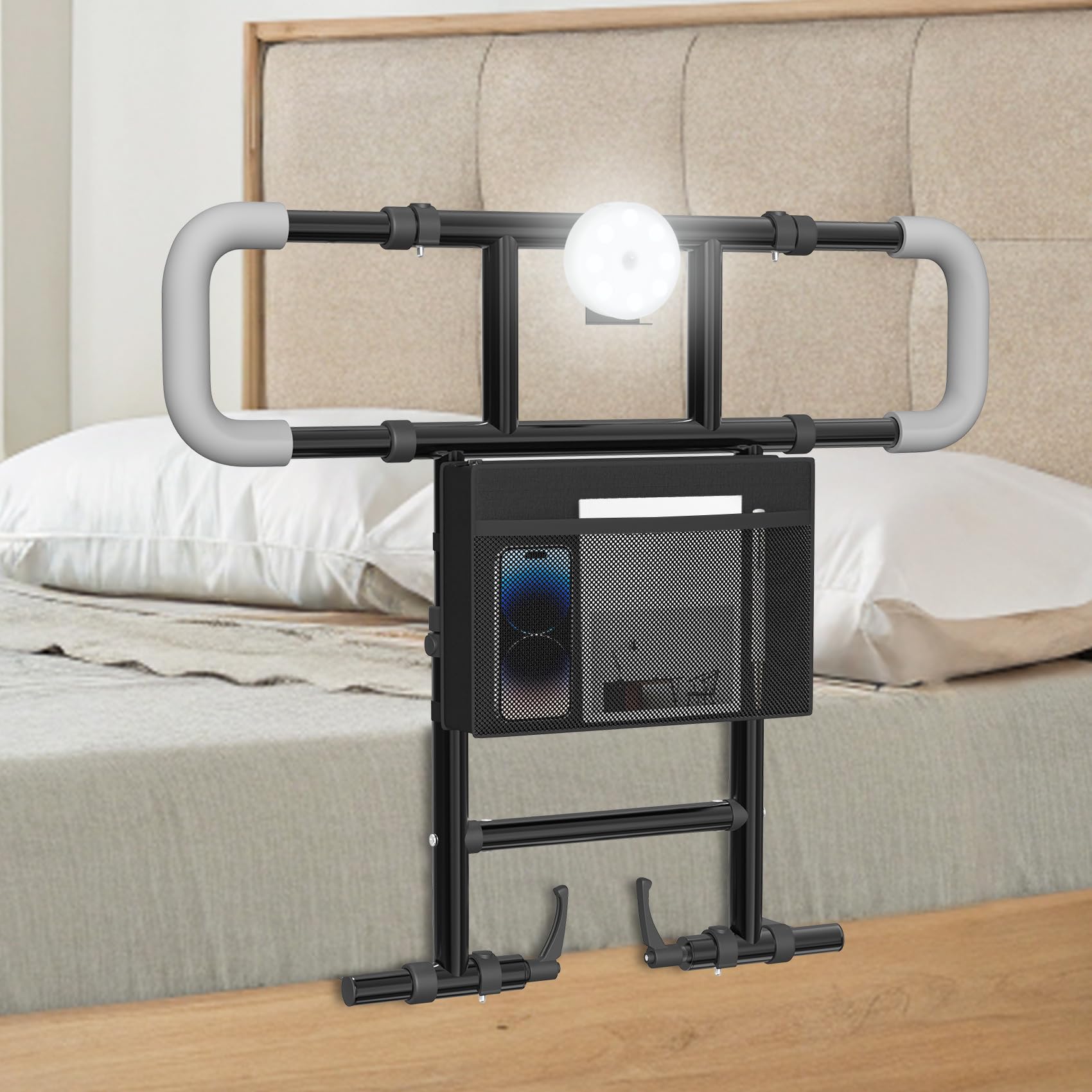 Seeutek Bed Rails for Elderly Adults Safety, Foldable & Extendable Bed Assist Rails for Seniors, Adjustable Bed Side Rails with Safety Strap & Storage Pocket & LED Light, Fit Queen Twin King