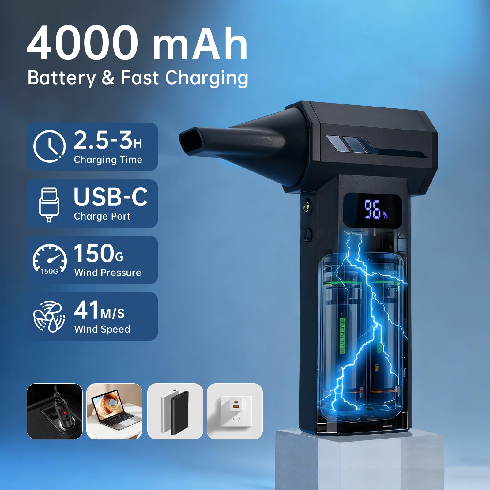 Souffleur à Air Comprimé, 110 000 tr/min, Mini Souffleur Sans Fil Puissant avec Batterie, 4 Vitesses, Lumière LED, Soufflette Électrique pour Nettoyage de PC, Voiture, Clavier, Ordinateur et Feuilles