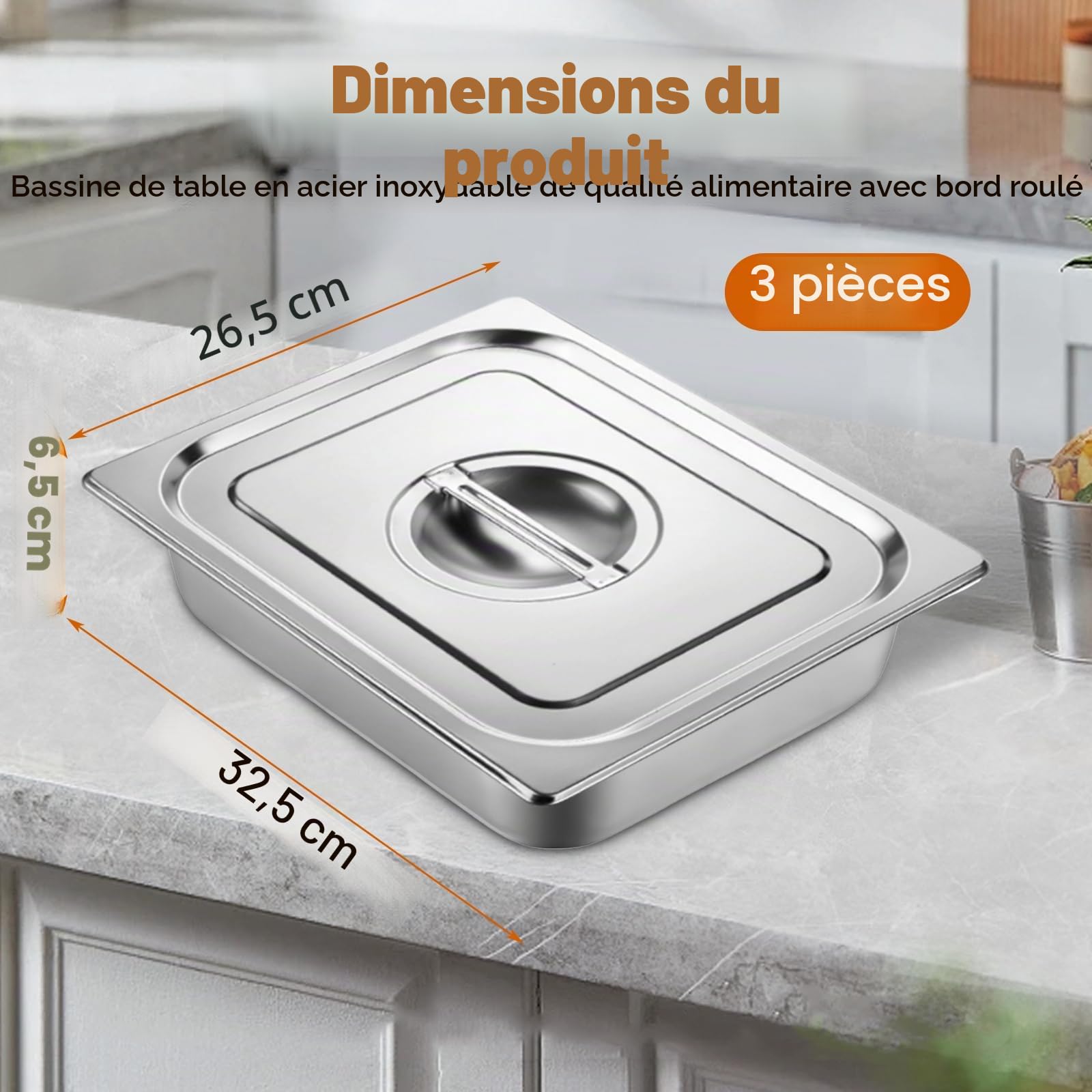 3 Pièces Bac Gastronorme, Bac Inox Alimentaire avec Couvercle, Plat Inox Barbecue, Plat Rectangulaire pour Mariner Viande, Escalopes, Empilable Set à Panure, Récipient pour Cuisine 32,5x26,5x6,5cm