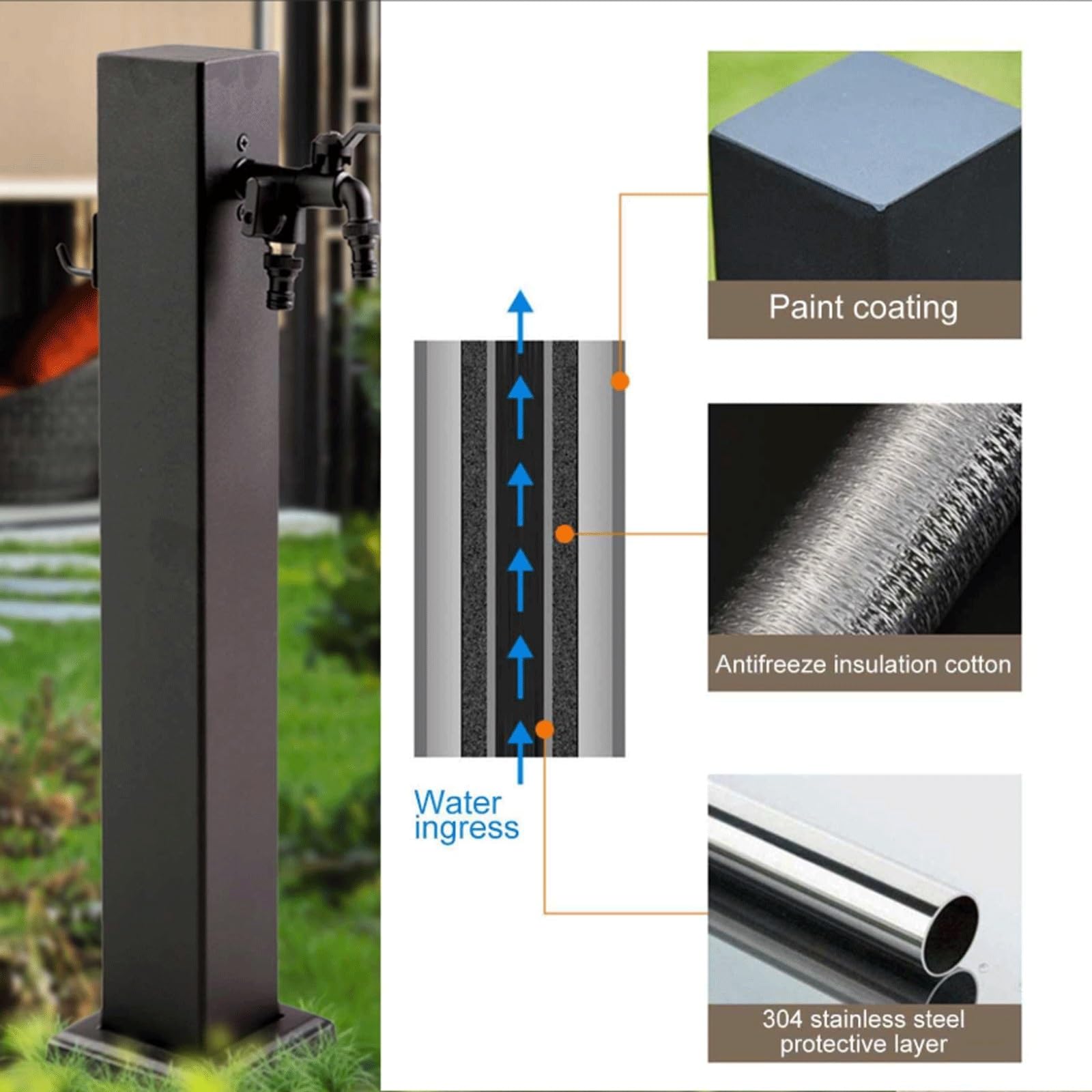 Chorro de Agua para jardín Independiente con Grifo: Soporte de Manguera de Acero Inoxidable, hidrante contra Incendios para Exterior, Manguera anticongelante para un riego eficiente.
