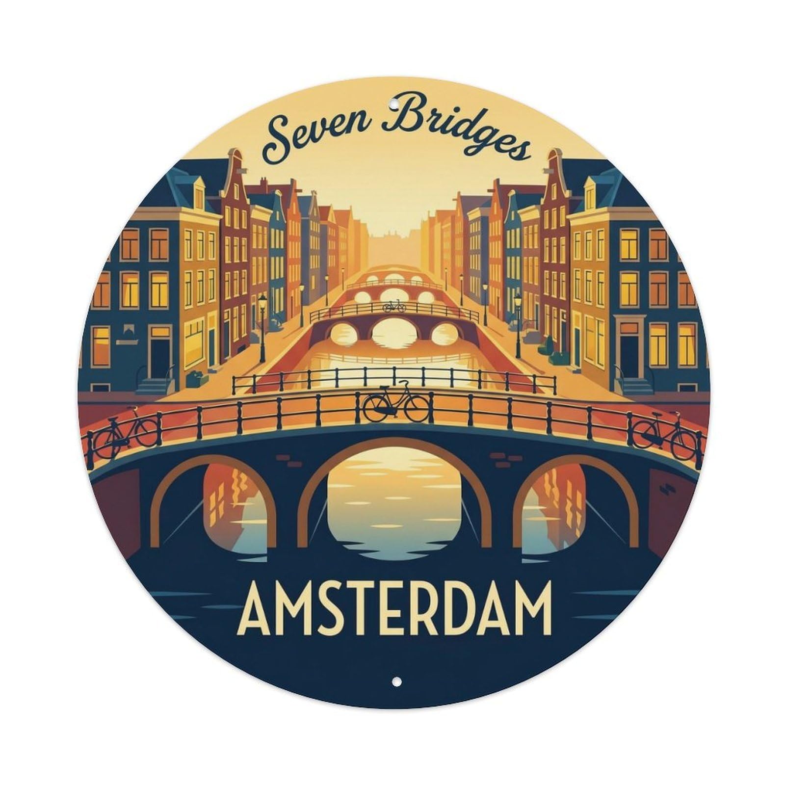 Vintage Travel Amsterdam Bridge Perspective Metal Tin Sign Plaque Wall Decor for Cafe, Club, Garden Round Metal Poster 8x8Inch