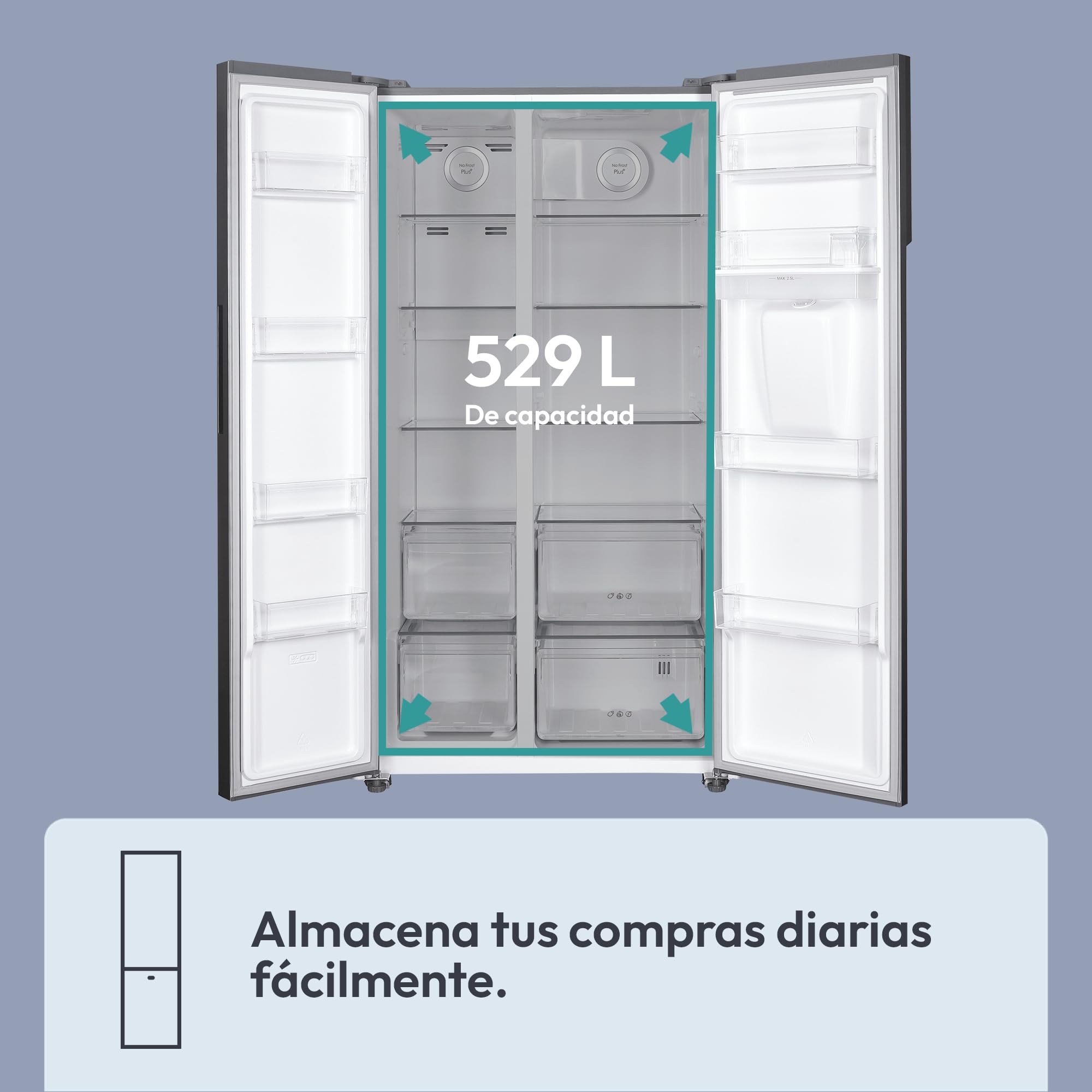 Candy CHSBSO-6174XWD, Frigorífico Side by Side, 90CM, 518L, Motor Inverter, Total No Frost, Dispensador de Agua, 2 Cajones Verduleros, Control Externo Digital, Iluminación LED, 42DB, Inox