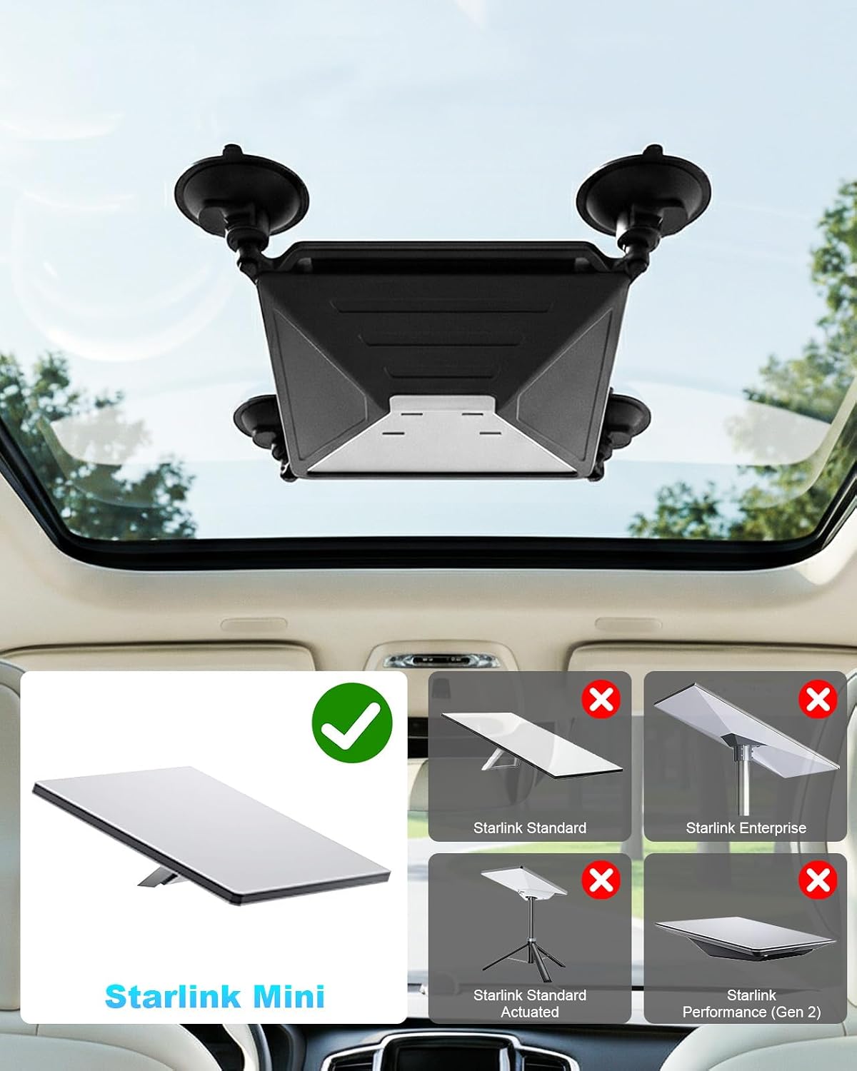 2-in-1 Silicone Case for Starlink Mini, 4 Strong Suction Cup Mount & Protective Cover for Car Sunroof, Window & RV, All-Weather Shockproof with Carabiners for Stable Signal on Road Trips, Boats