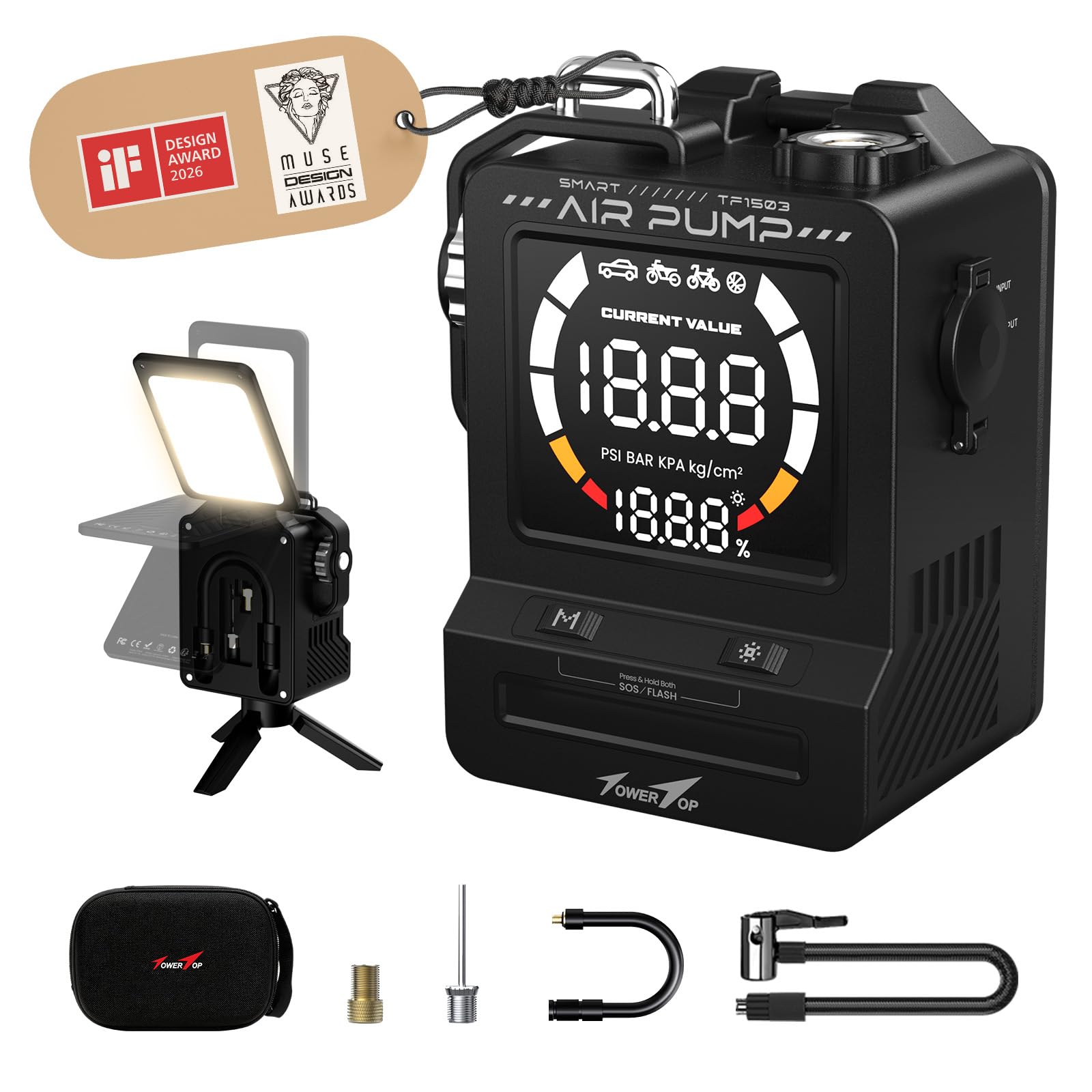 TowerTop 3-in-1 Portable Camping Essential: Tire Inflator,Light, Power Bank | Integrated Portable Storage, Wilderness Emergency Survival Gear, Car Camping Essentials, Glamping & Tent Camping Supplies
