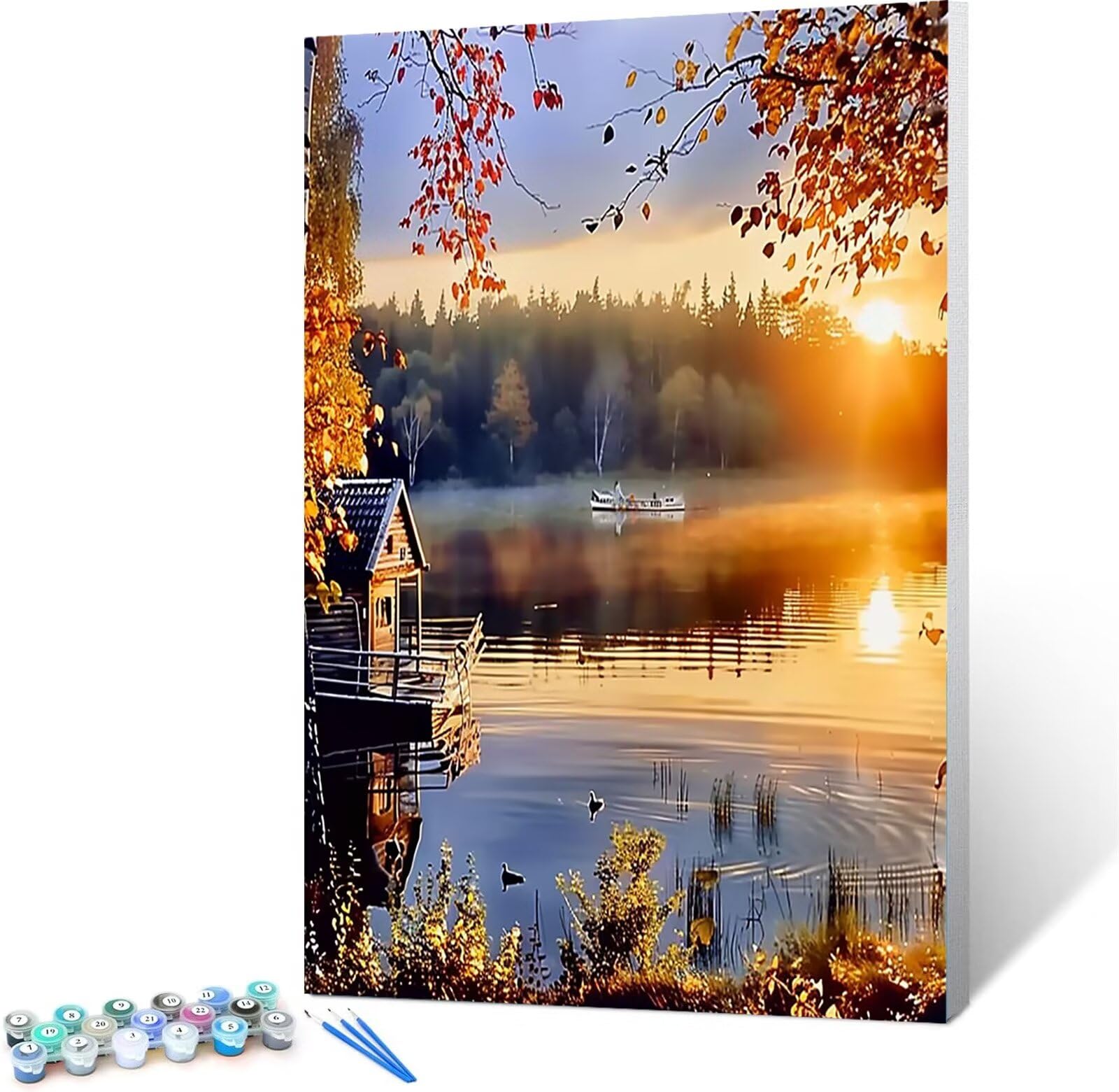 Sonnenuntergang-Malen nach Zahlen für Erwachsene, DIY digitales Ölgemälde-Set auf Leinwand mit Pinseln und Acrylpigment, Landschaft Street Artwork für Heimdekoration 60x80cm (mit Rahmen)