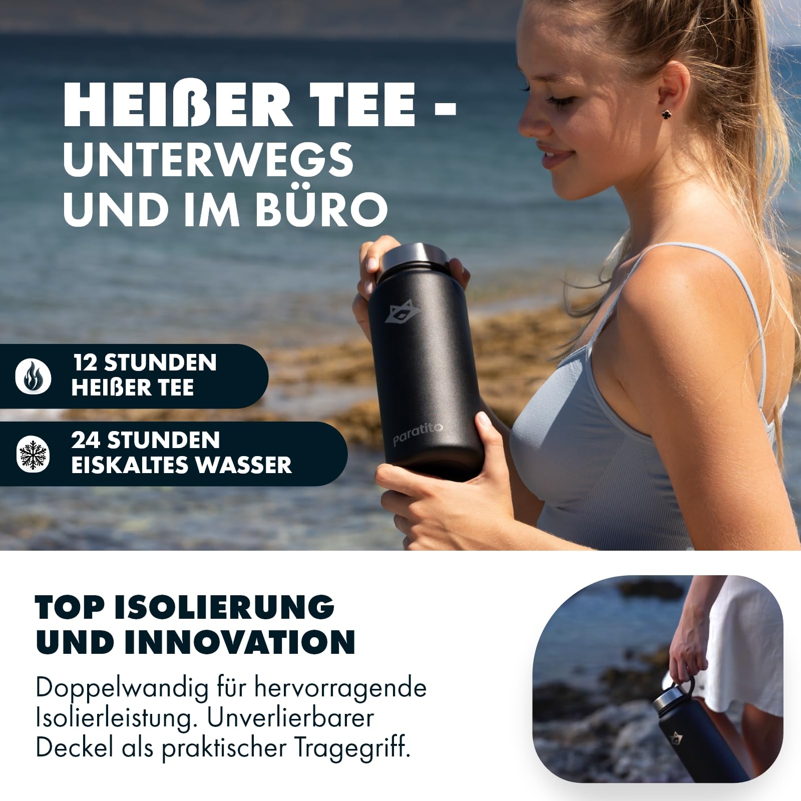 Teeflasche mit Sieb 1L – Auslaufsichere, spülmaschinenfeste Edelstahl Trinkflasche 1l (Isolierflasche) mit Teesieb für losen Tee to Go; Thermosflasche 1l für Kaffee, Camping -Schwarz