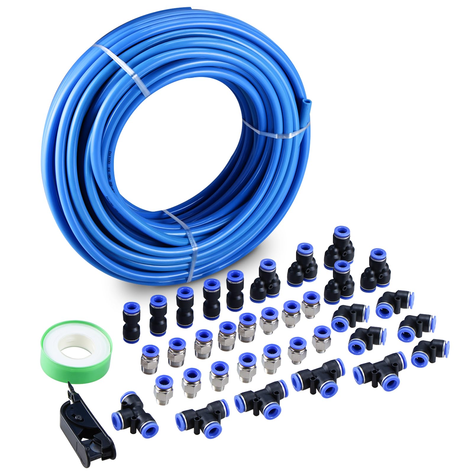 NORJIN 12mm OD 8mm ID Polyurethane PU Air Hose Pipe Tube Kit, 100ft/30M High Flexibility Air Line Tubing and Push to Connect Fittings for Air Line or