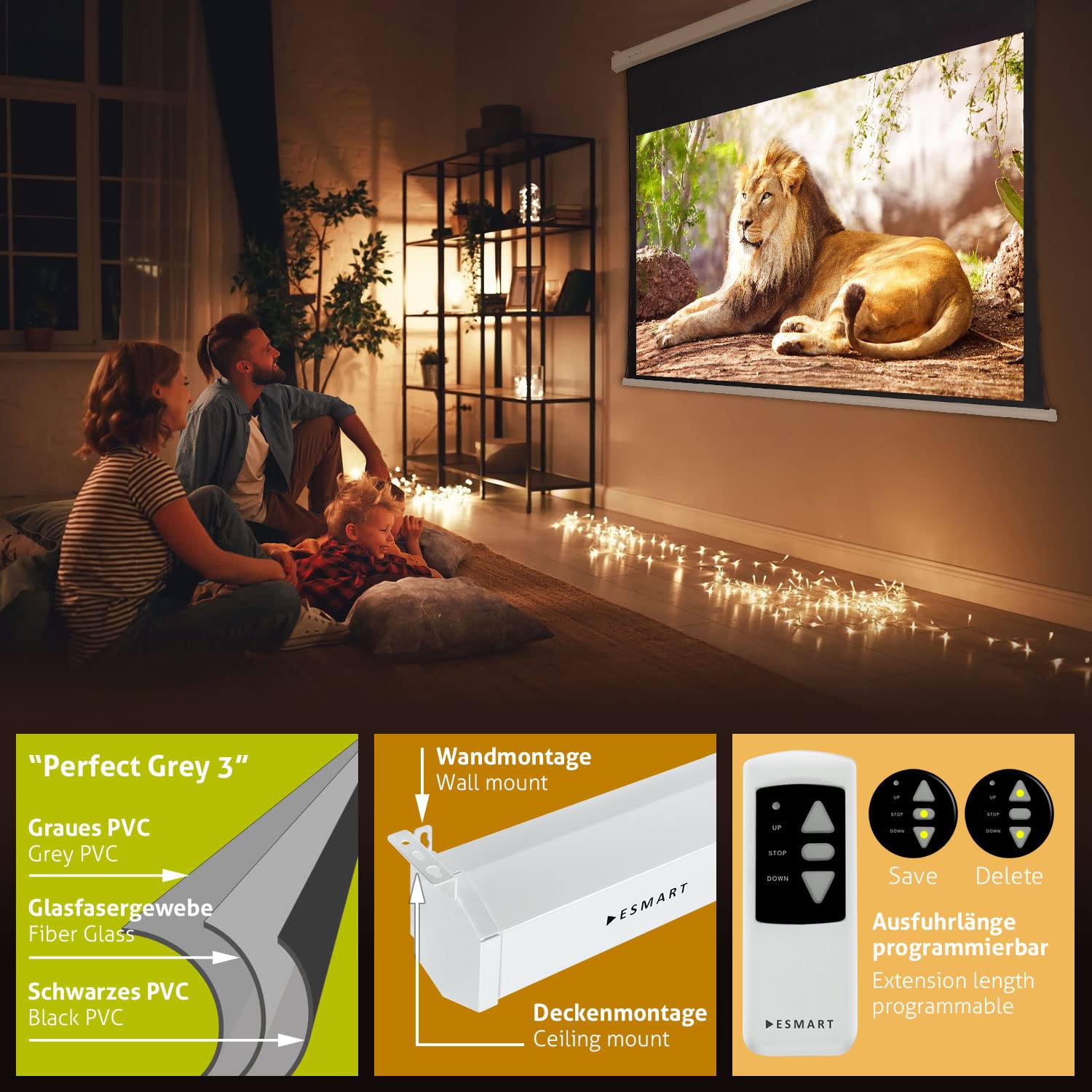 ESMART Profesional TATENSO Pantalla de tensión GRIS para luz diurna 221 x 125 cm (100") 16:9 | Control remoto programable | Pantalla de proyección de proyector eléctrico de cine en casa Tensión LCD LED