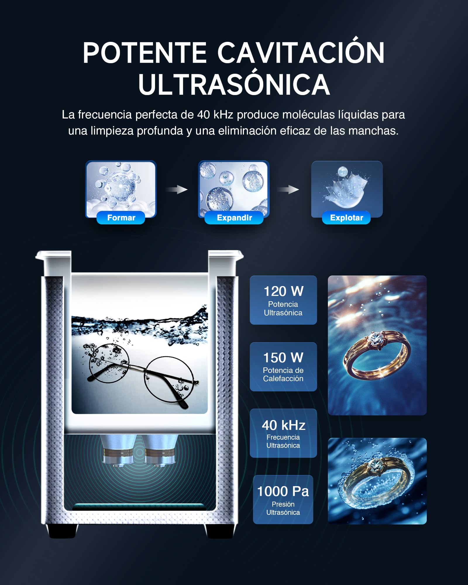 CREWORKS 3L 120W Limpiador Ultrasonidos con Calefacción Temporizador Maquina de Limpieza Ultrasonidos Acero Inoxidable para Prótesis Dentales, Joyas, Gafas, Relojes