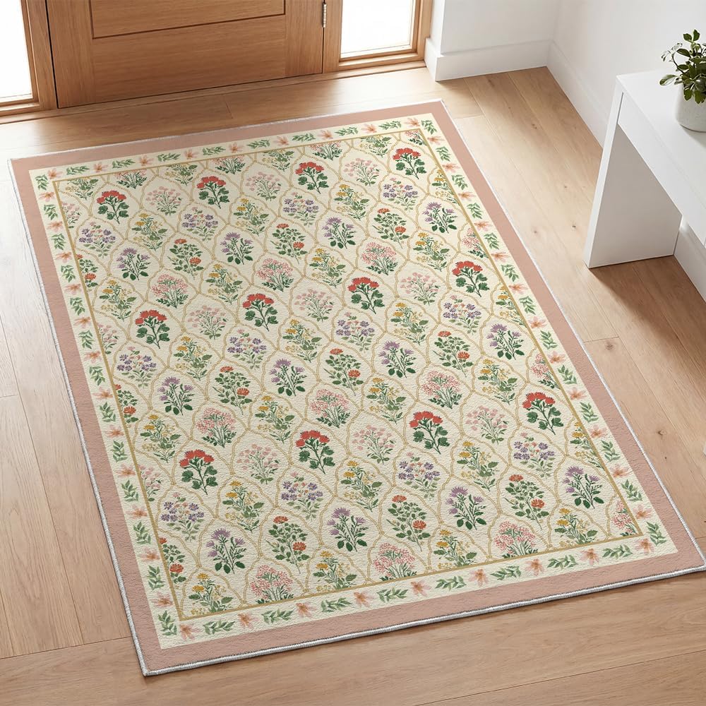 Artoid Mode Beige Diamond Check Flower Spring Area Rug, Summer Home Decor Low-Profile Non-Slip Washable Large Rug for Living Room Bedroom Farmhouse Dining Room Kids Playroom 5x7 Feet