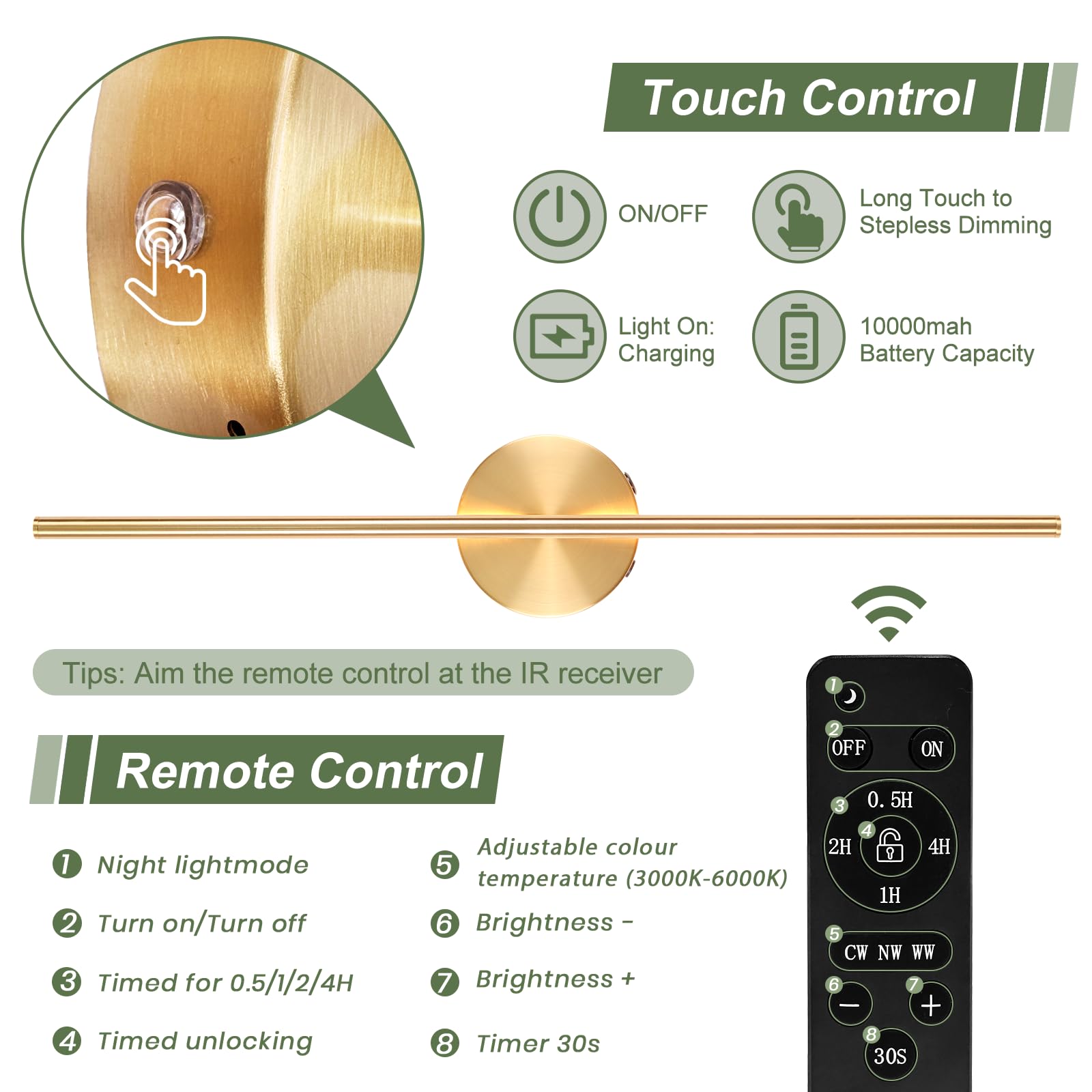 Akku Wandleuchte mit Fernbedienung innen, USB-C 10000mAh Dimmbar Touch Kabellose Wandleuchten, Gold Wandleuchte ohne Stromanschluss, Geeignet für Wohnzimmer, Schlafzimmer 70CM 2-Stück