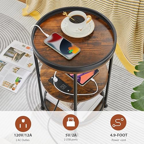 Miniatura 6 de Dulcii Mesa auxiliar redonda con estación de carga, mesa auxiliar con 3 estantes para sala de estar, mesita de noche de dormitorio para espacios