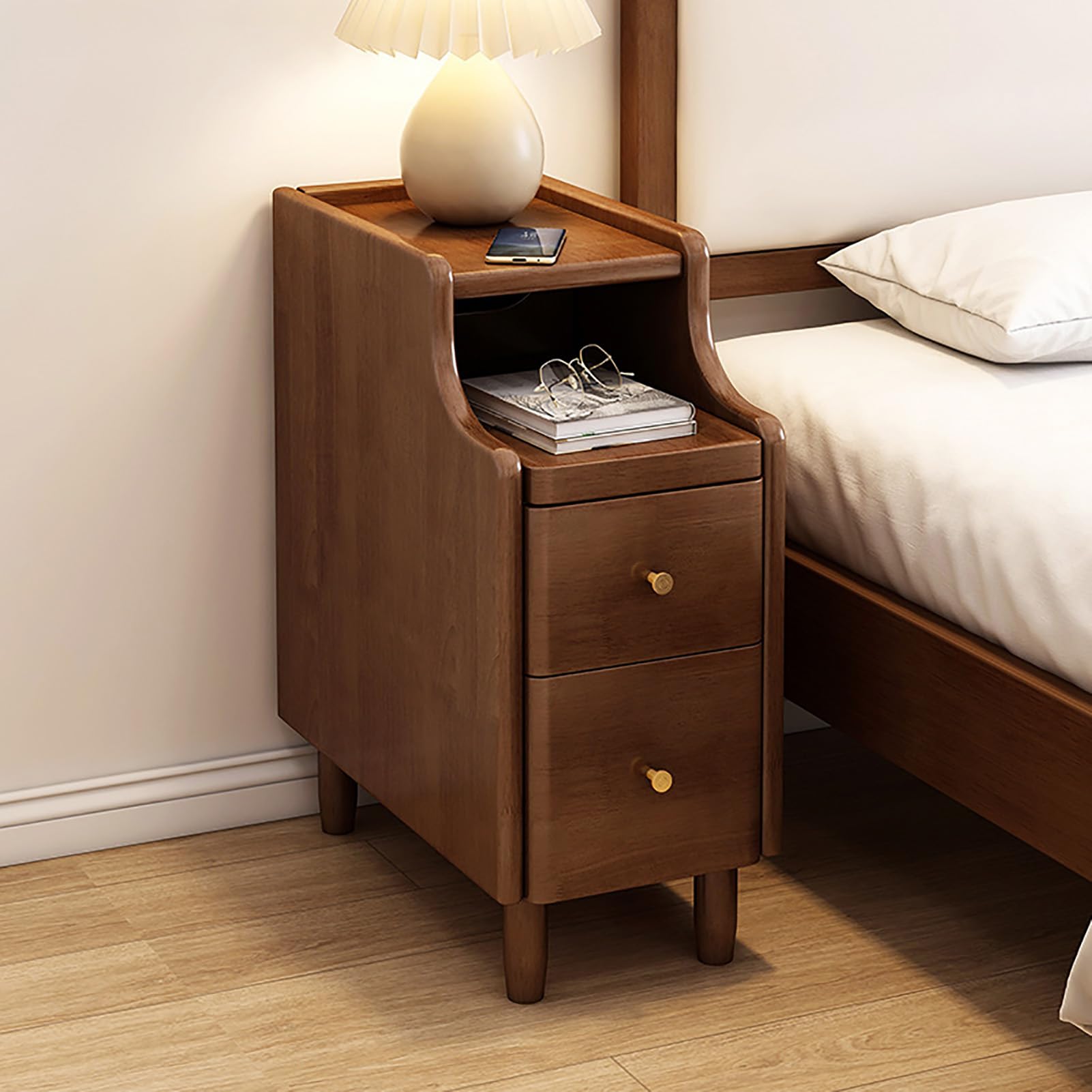 Fslvmin Narrow Nightstand, Solid Wood Bedside Table Mid-century Modern Sofa End Table with Drawers & Open Sliding Shelf, Night Stand for Bedroom, Living Room (20x40x50cm(8x16x20), Brown)