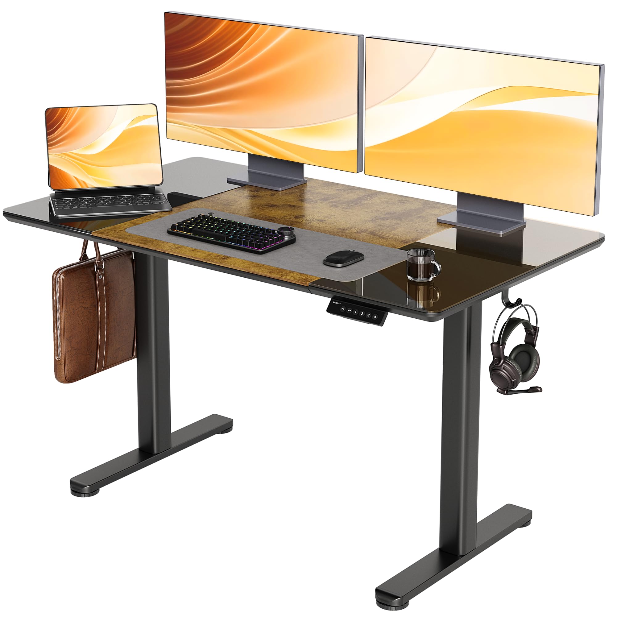 INNOVAR Glass Standing Desk, 48 x 24 Inches Height-Adjustable Desk, Tempered Glass and Wooden Top, Quick Install Home Office Stand Up Desk with 4 Presets, Black Glass and Brown Wood