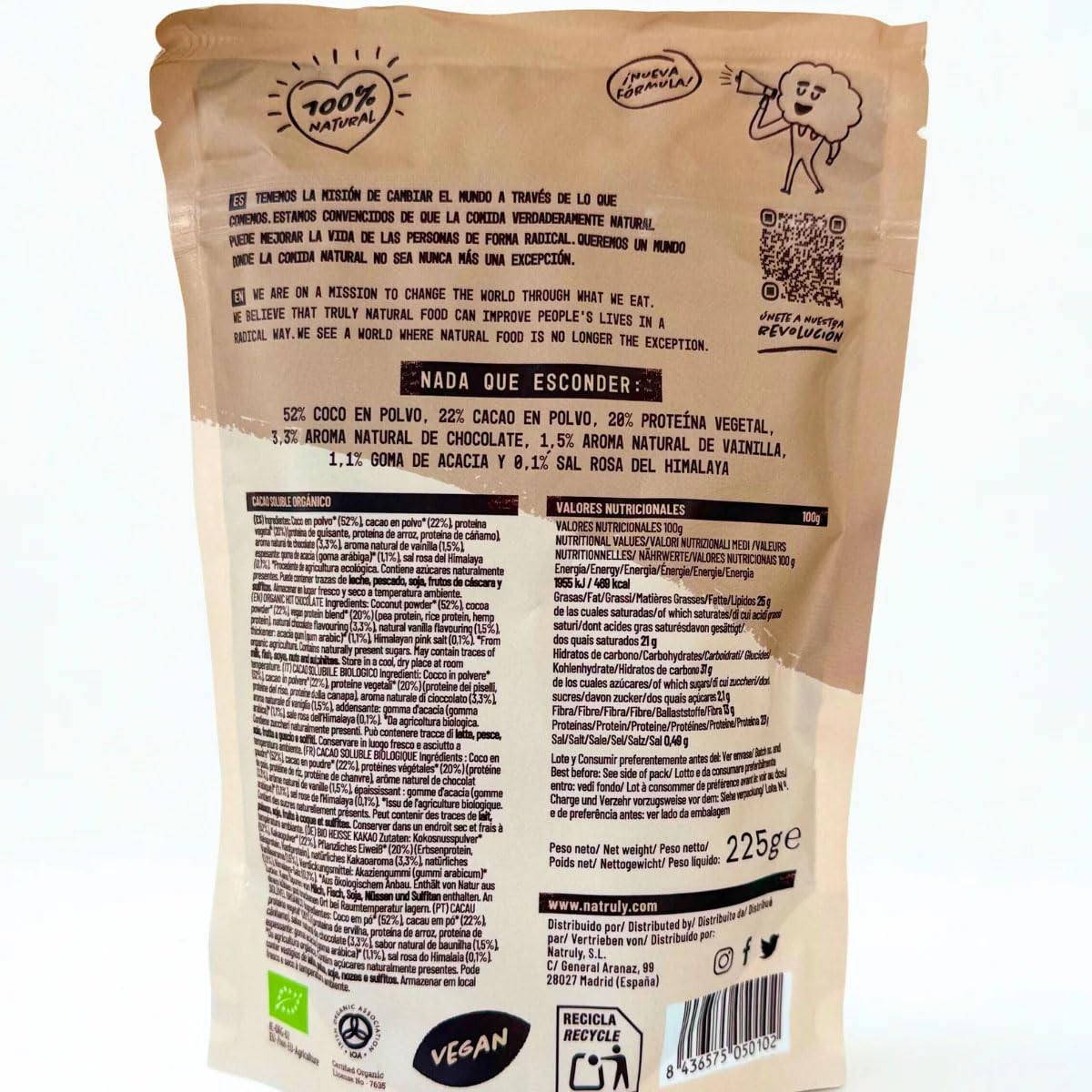 Natruly Cacao Soluble con Proteína 225 g Pack 2 x 225 g (450 g total) – Cacao instantáneo con proteína, sabor chocolate suave