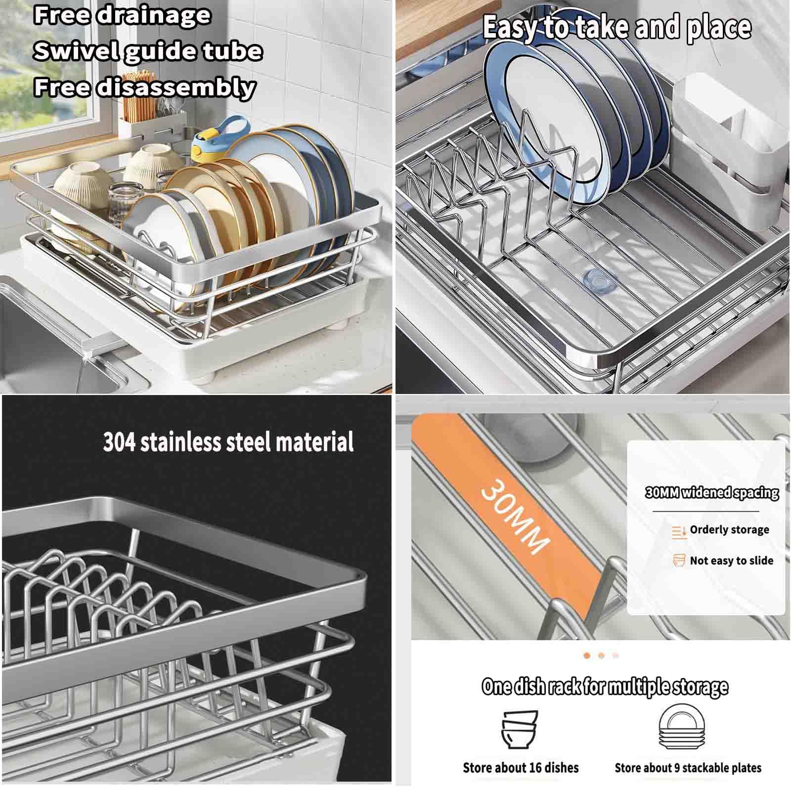 Escurridor de platos de acero inoxidable con bandeja de drenaje para fregadero de cactos, soporte automático para cubiertos de drenaje que ahorra espacio, accesorio de cocina para un fácil secado
